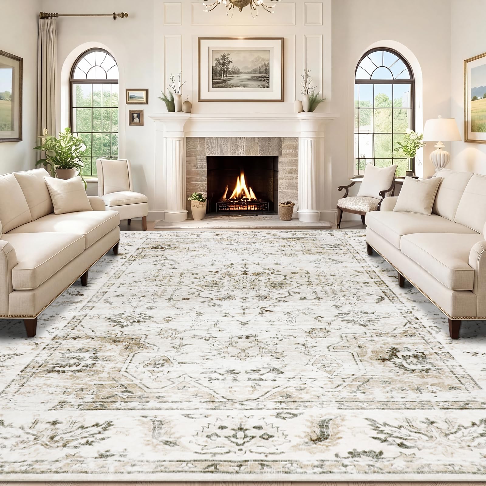 Homcomodar Large Rugs Living Room 240x300cm Washable Rugs for Bedroom Boho Thin Floor Carpet Beige Rugs Soft Low-Pile Lightweight Area Rug for Dining Room Bedroom Office โ image 1