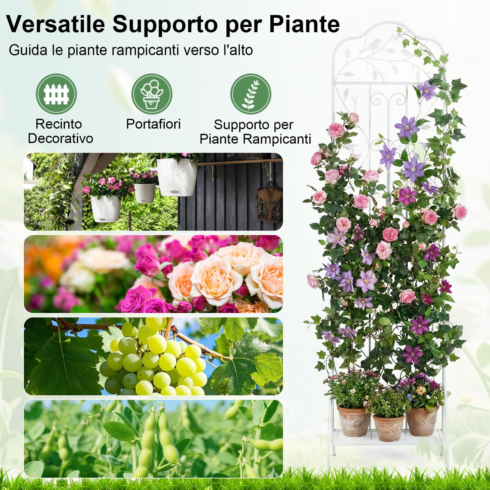 GYMAX Traliccio per Rampicanti in Metallo con Ripiano Pieghevole, Grigliato da Giardino per Recinzione 189,5 x 50 cm, Graticcio Decorativo per Piante Rampicanti per Giardino, Cortile (Bianco,1)