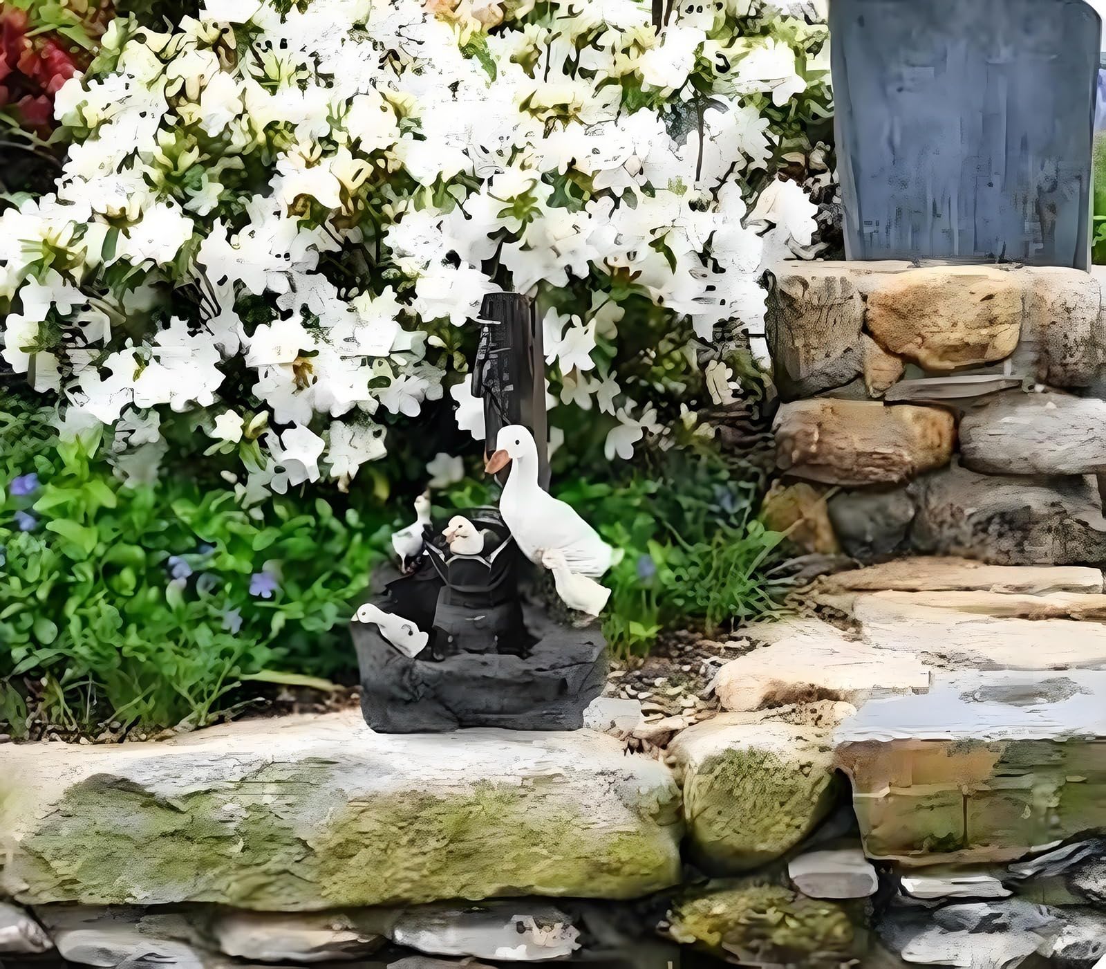 Fuente de agua alimentada por energía solar para interiores y exteriores, estatua de paisaje acuático con luz LED, fuente jardin solar，fuente de estatua de pato de resina para decoración de patio