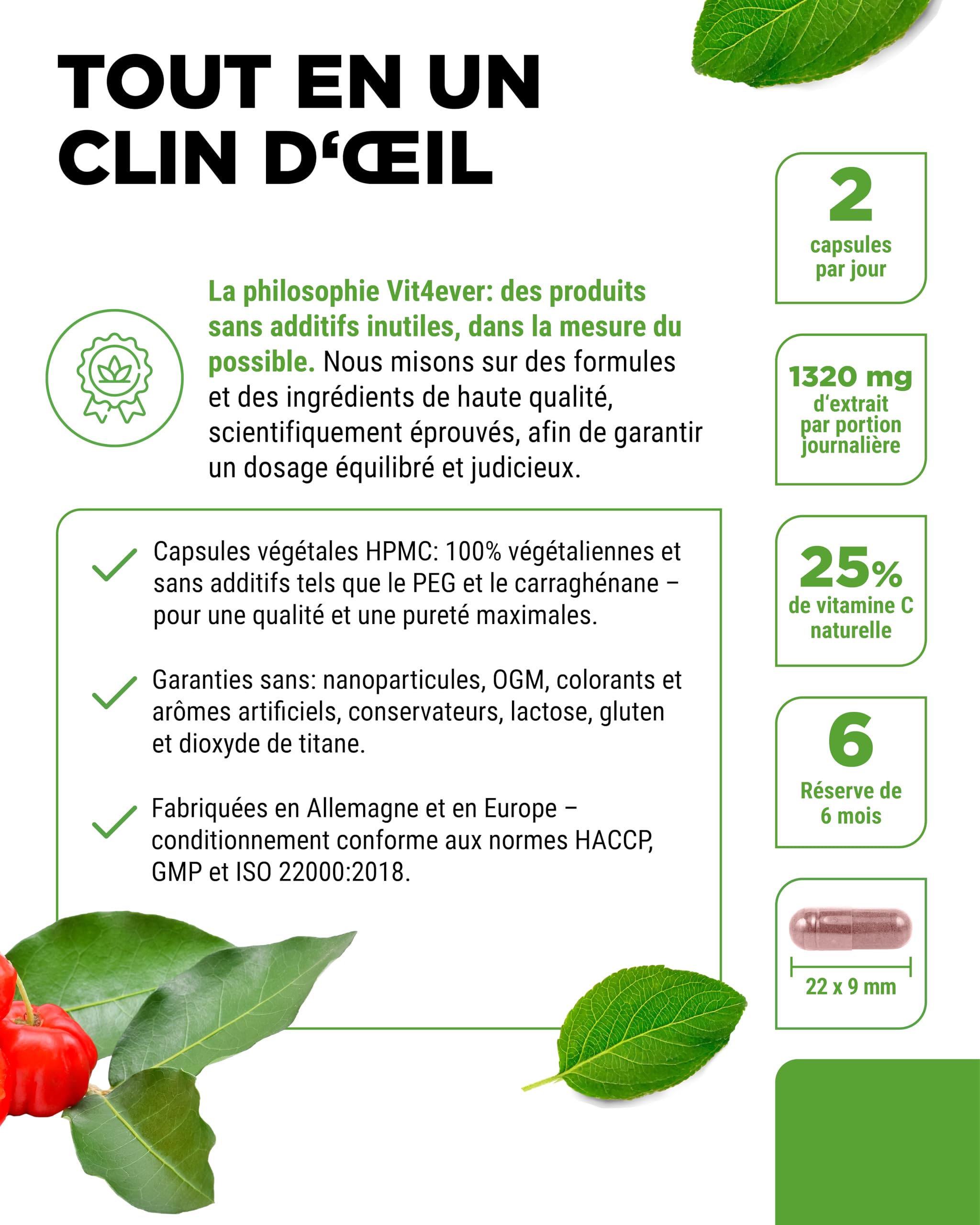 vit4ever Vitamine C Naturelle Issue d’Extrait d’Acérola – 365 Gélules – Forte Dose – Matière Première Premium – Sans Additifs Indésirables – Végan