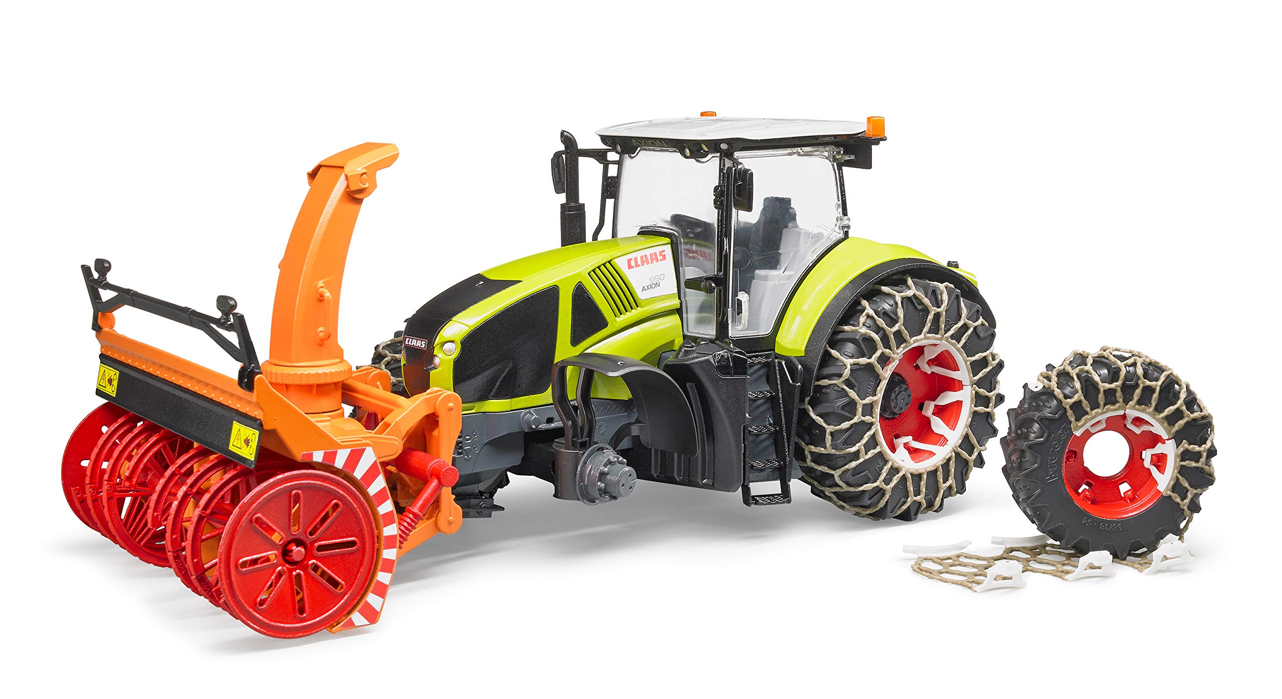 bruder 03017 - Claas Axion 950 con catene da neve e spazzaneve, trattore, servizio invernale, spazzaneve