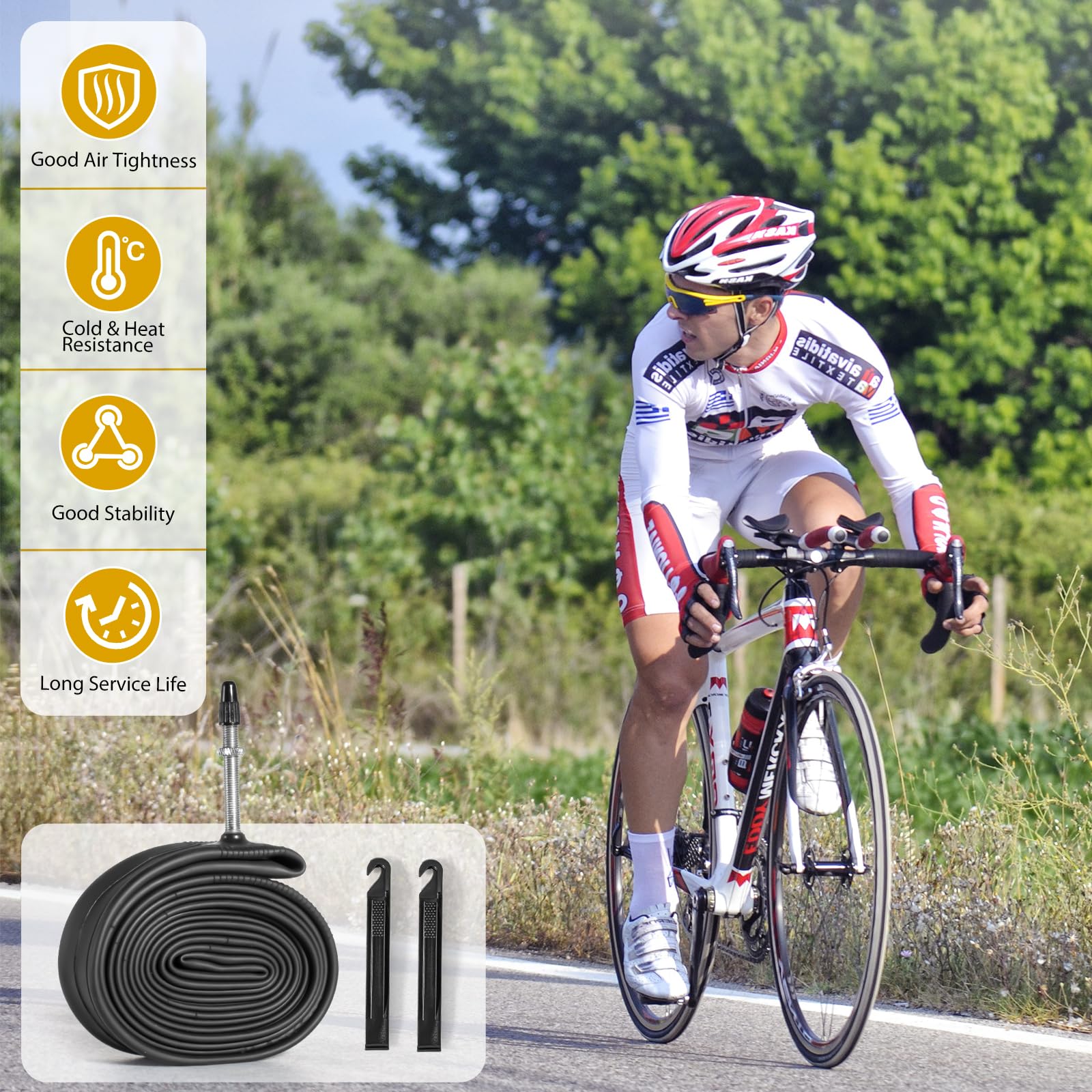 2 Pack 700 x 35-43C Road Bike Tubes FV48mm Presta Valve, Bicycle Tube Compatible with 700 x 35C/36C/37C/38C/39C/40C/41C/42C/43C Bike Tire, Butyl Rubber Inner Tube with 2 Tire Levers for Road Bike