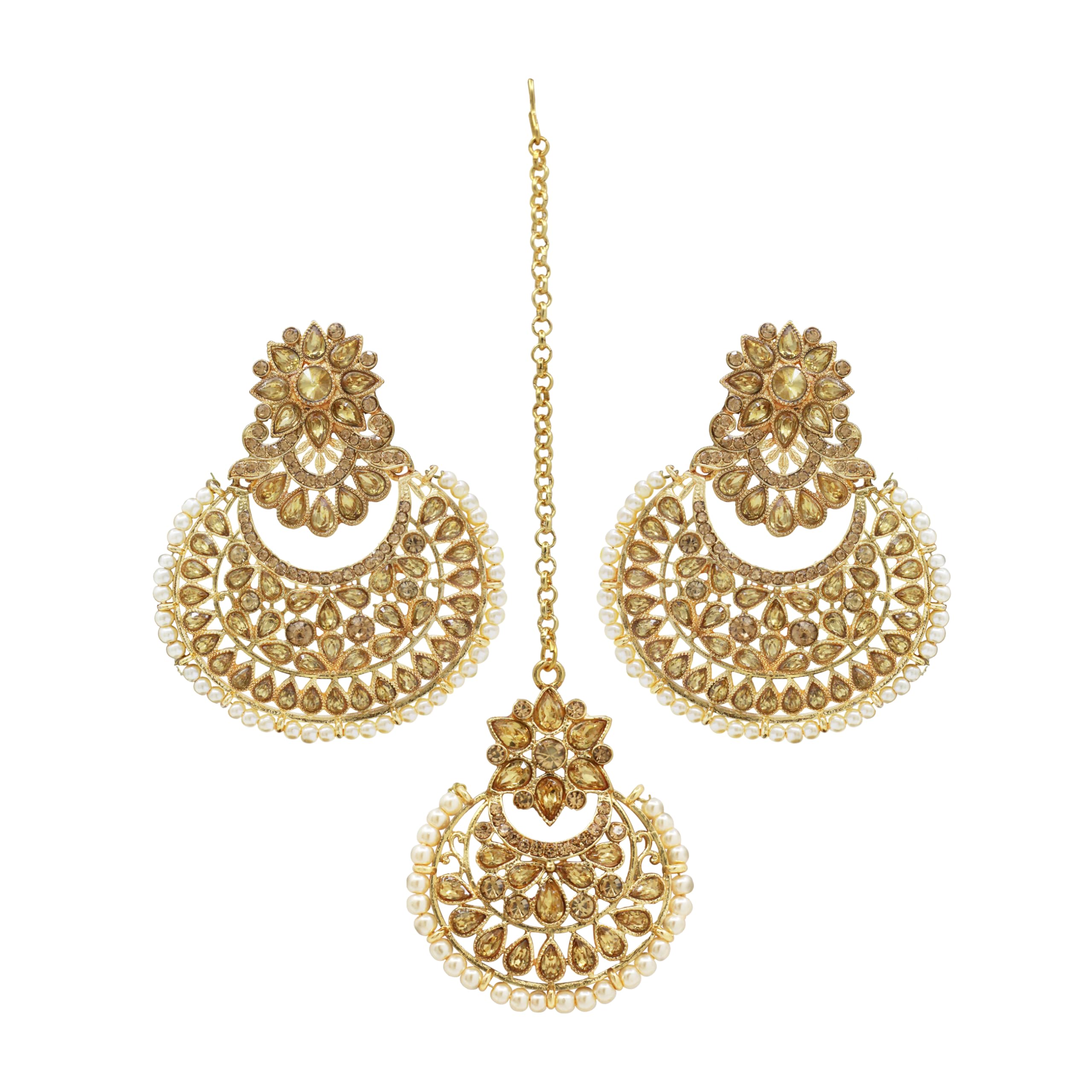 Samyuktha Wedding Collection - Orecchini Chandbali placcati oro con design floreale Maangtikka racchiuso con finto kundan e perle, set di gioielli in oro, metallo, senza pietre preziose, Metallo,