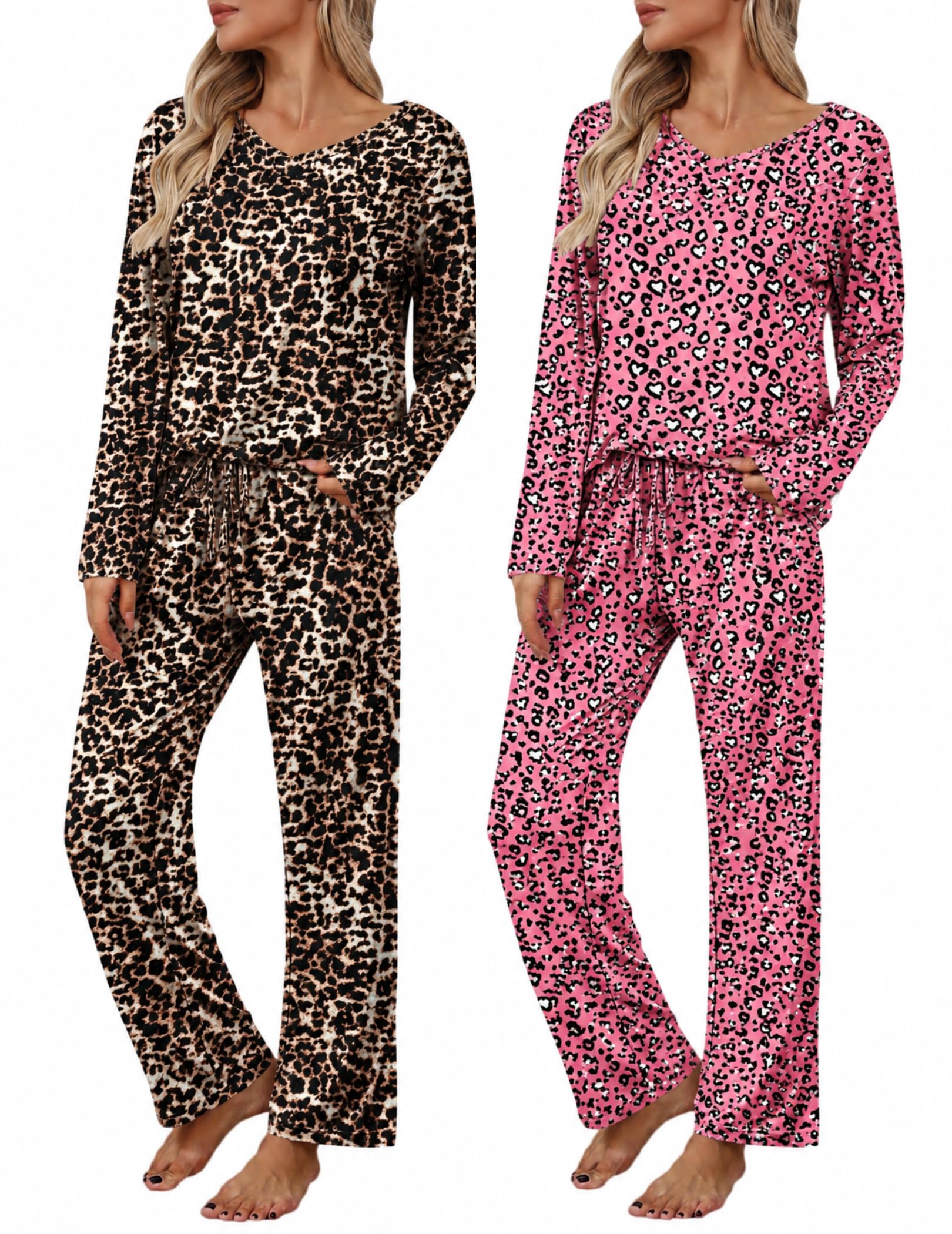 2 Pack: Women's Long Sleeve Pajama Sets - V Neck Top and Pants Lounge sets | 2 Piece Sets, Printed Design, V Neck Tops, Long Sleeves, Drawstring Pants with Pockets, Soft Comfy Feel, Ideal for Lounging