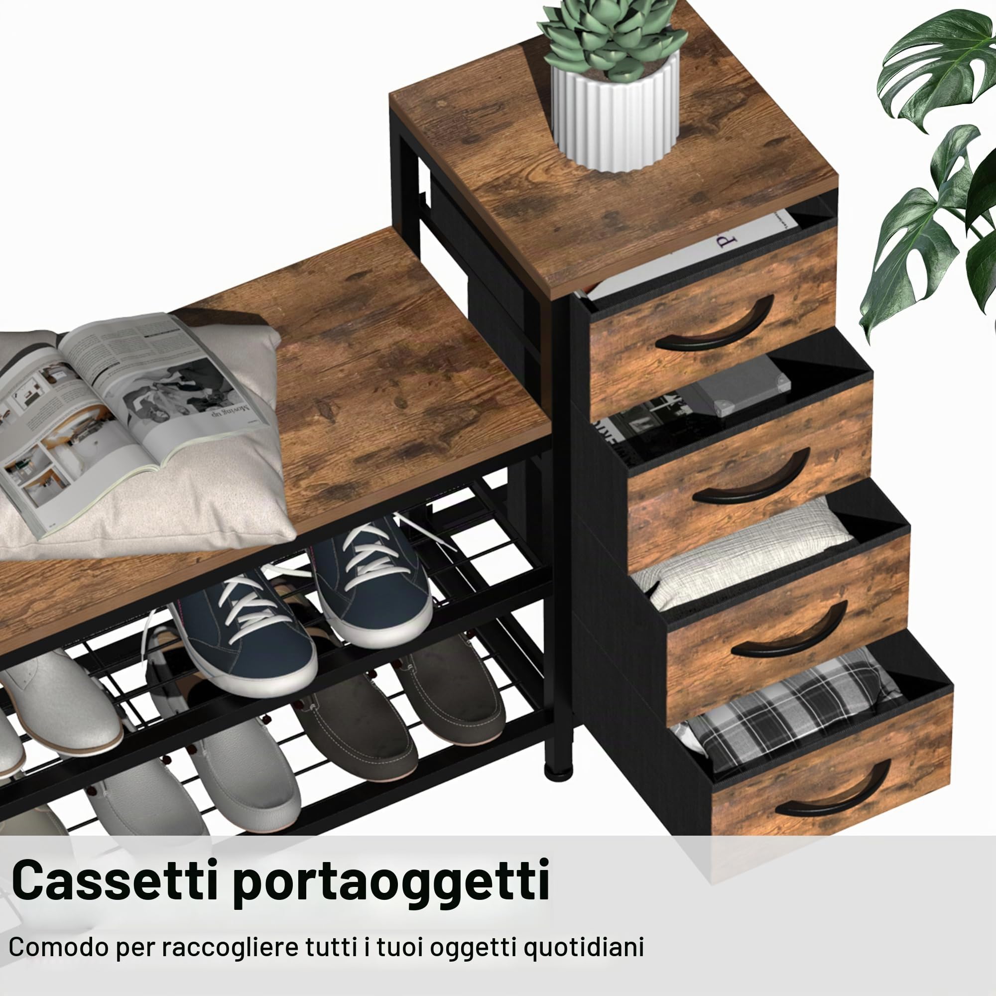 Scarpiera a 3 livelli con 4 cassetti e seduta, scarpiera con spazio per corridoio, ingresso, soggiorno o ingresso, struttura in metallo e superficie in legno