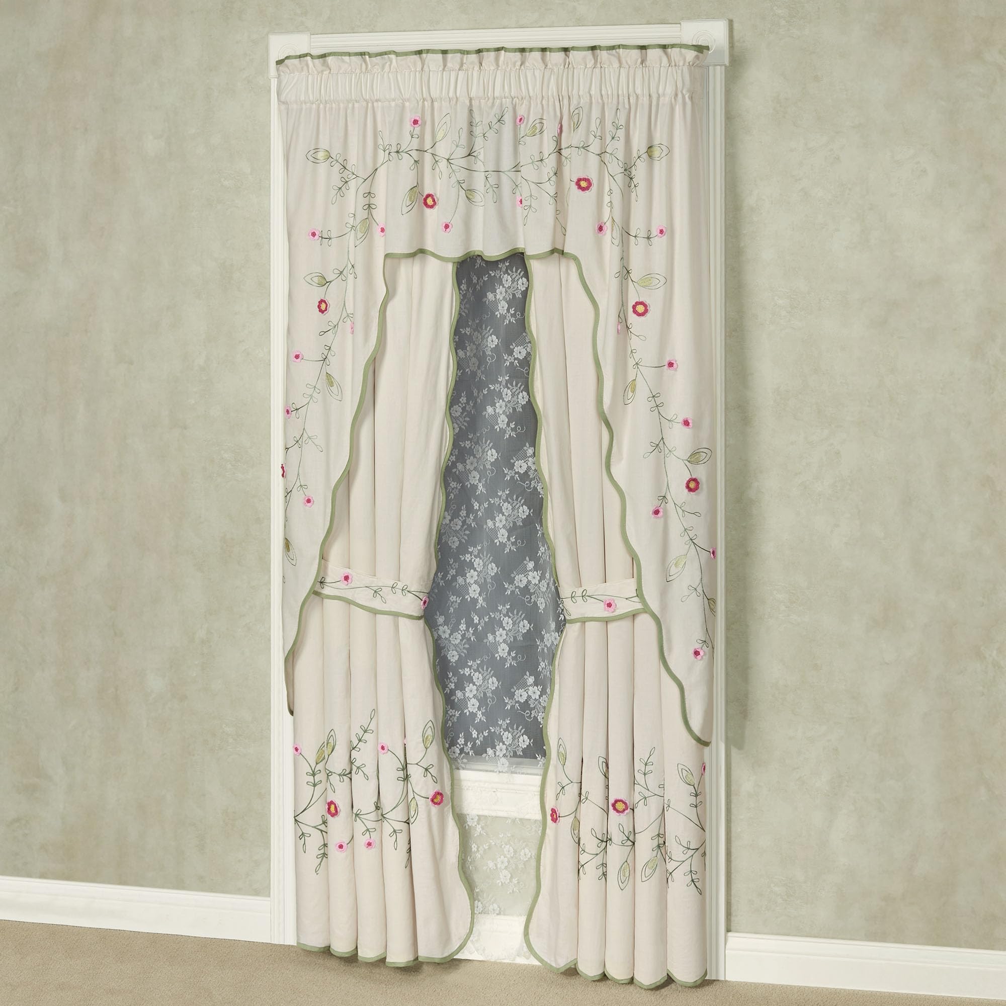 Posy Cottage Garden Lined Cotton Window Treatments | Chain Stitch Embroidery & Crochet Fiber Art Floral and Leaf Vine Designs | Rod Pocket Drapery Set with Long Contour Swag Valance & 84L Curtain Pair