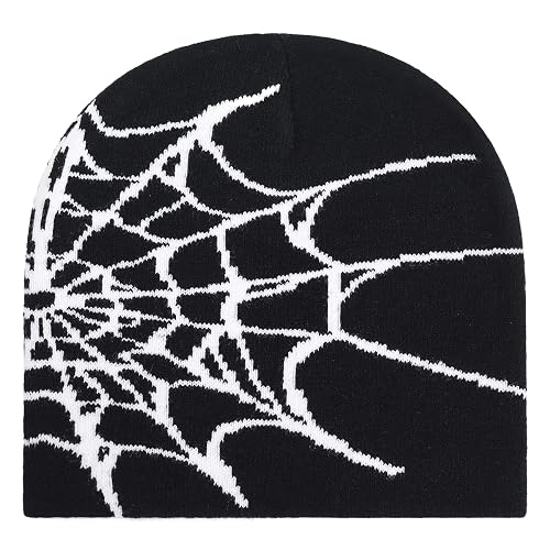Supaico Men Women Y2K Beanies Gothic Graphic Knitted Hat Winter Warm Beanies Casual Outdoor Skull Cap - Black White Web - Beanie