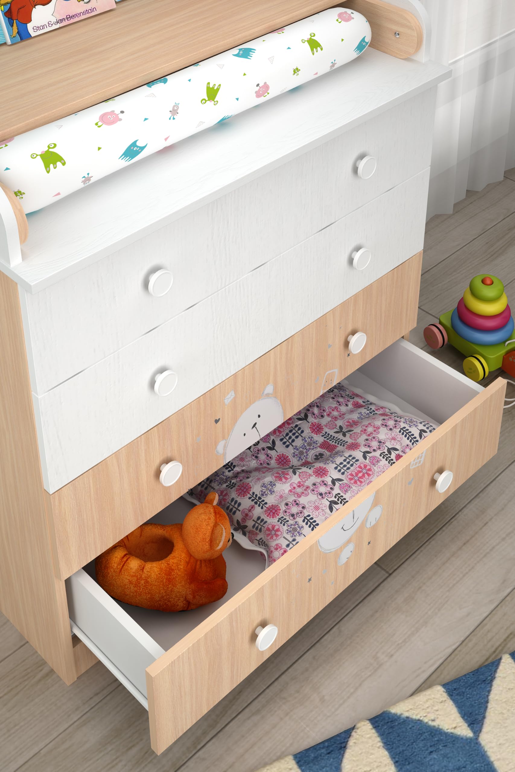 Shefa Kids Wickelkommode 800 Teddy, Weiß-Pastell Eiche, 80,4 x 48 x 91,7 cm, 4 Schubladen, Qualitäts-Wickeltisch aus österreichischem Kronospan