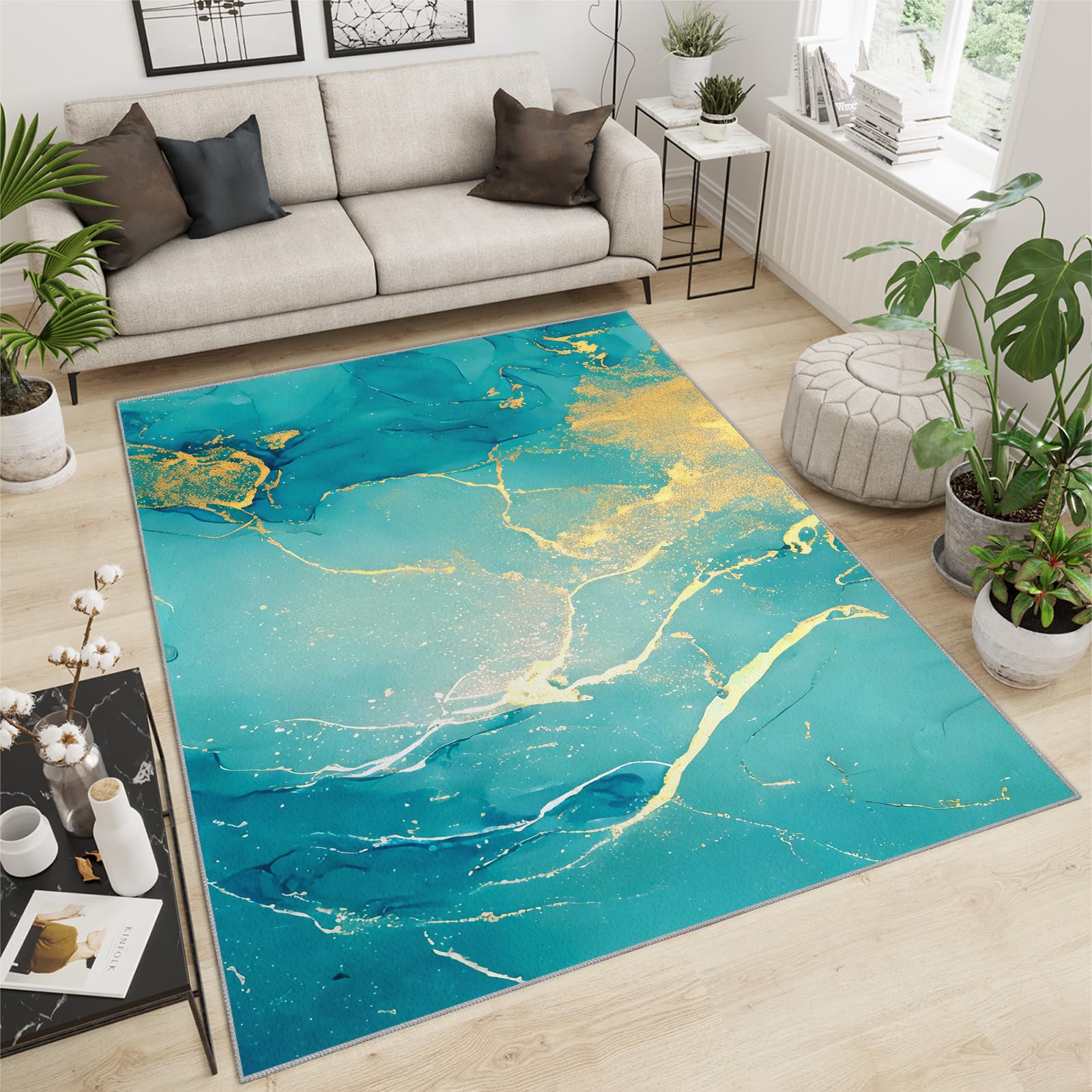 QDJKBL Area Rug 140 X 200 Cm Navy Green Abstract Marble, Golden Yellow Ink Fluid Art Graffiti Kitchen Rug, Sofa Cushion Water Proof for Farmhouse