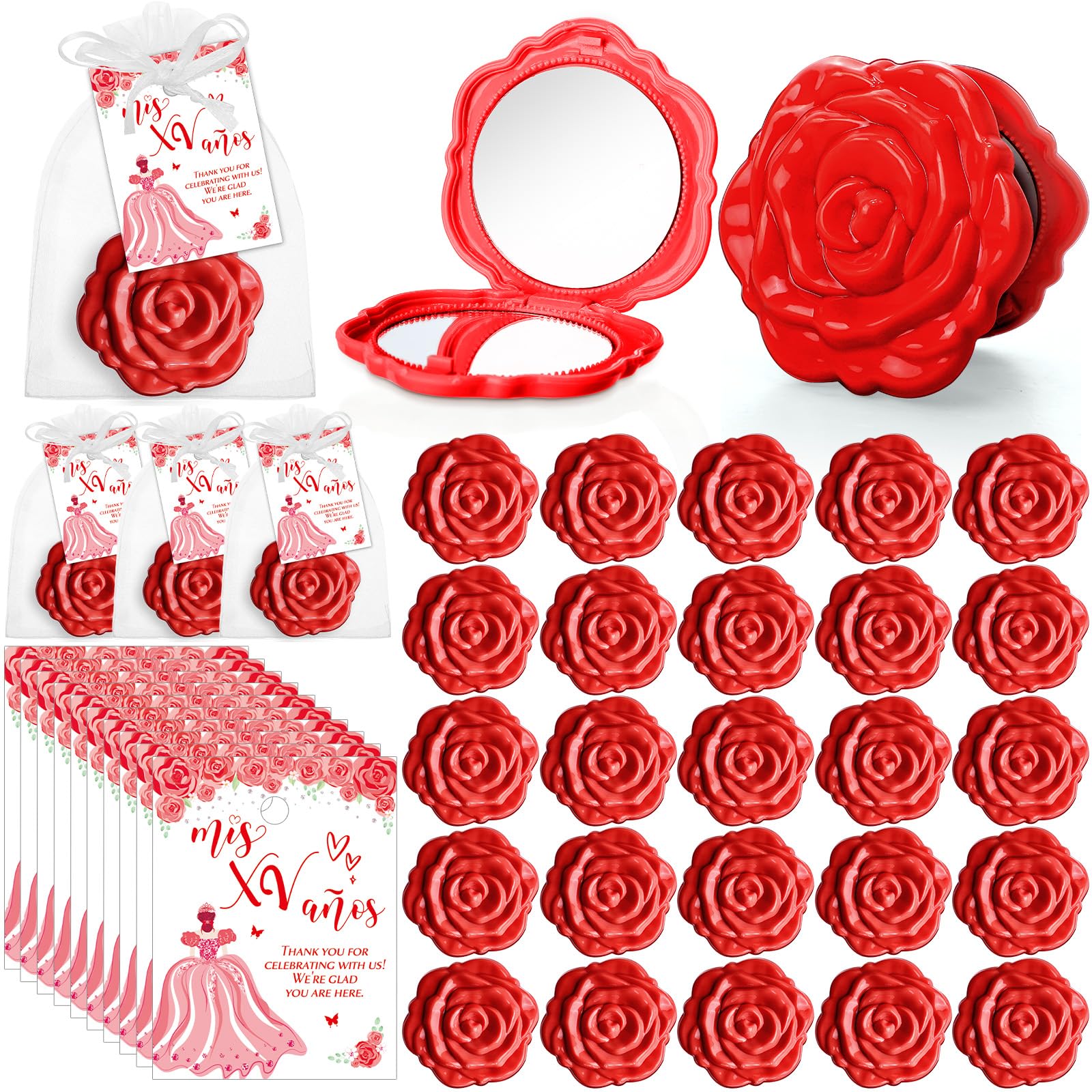 50 Sets Quinceanera Party Favors for Guests Rose Compact Mirrors, Red | Thank You Gift with Quinceanera Cards and Organza Bags, Recuerdos De 15 Años, Quince Birthday Party Favor