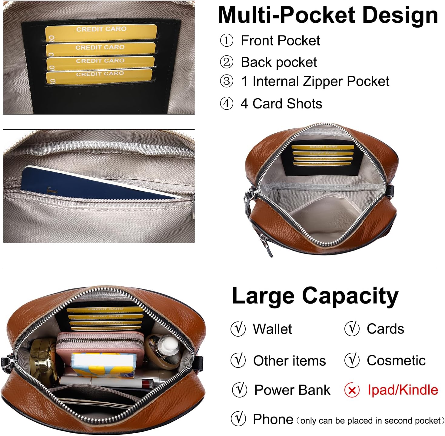 Small Crossbody Bags for Women Genuine Leather, Guitar Strap Shoulder Handbag Purse Camera Bag with Rfid Card Slots,Black with Brown and White - Image 4