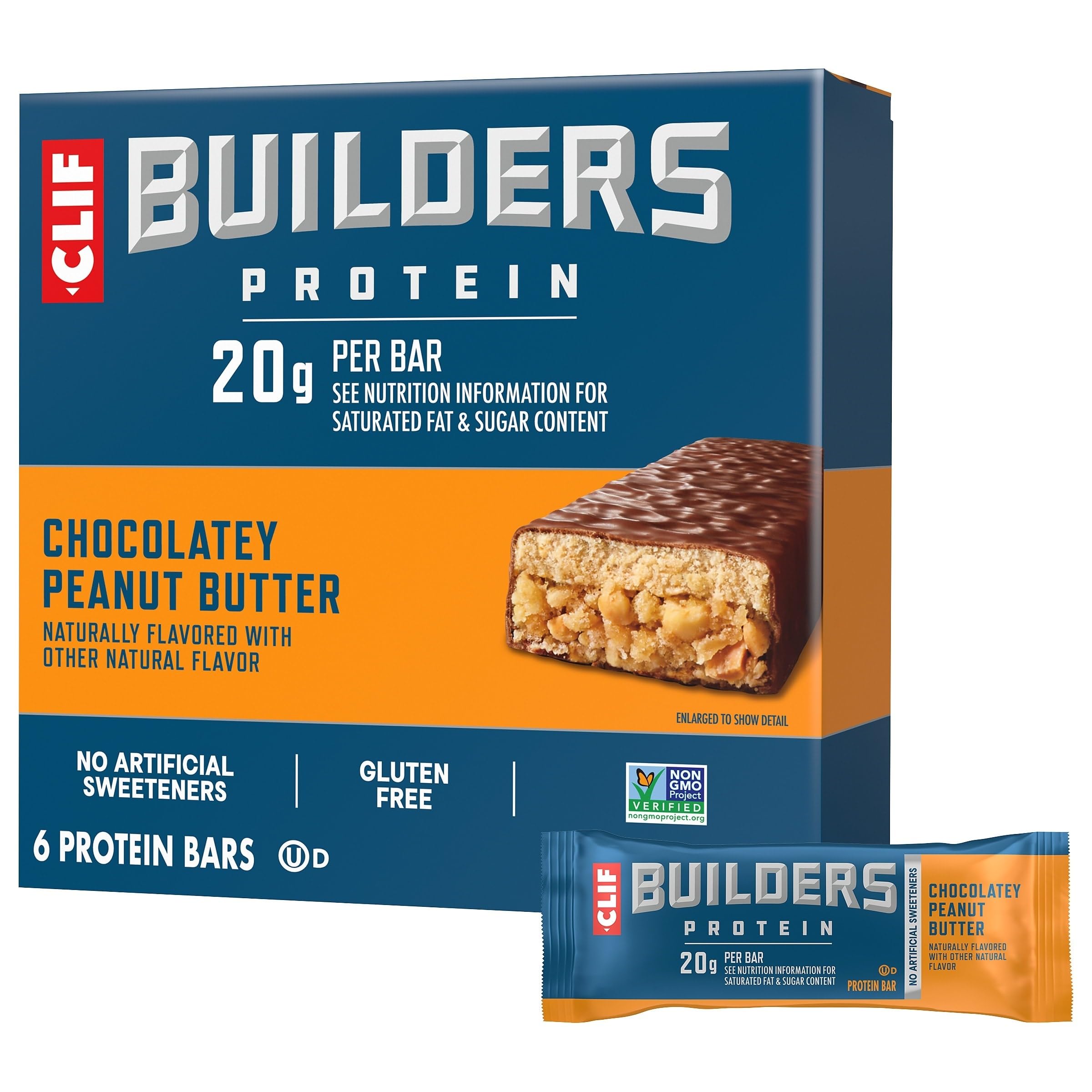 CLIF Bar Builders - Chocolate Peanut Butter Flavor - Protein - Gluten-Free - Non-GMO - Low Glycemic - 20g Protein - 2.4 oz. (6 Pack)