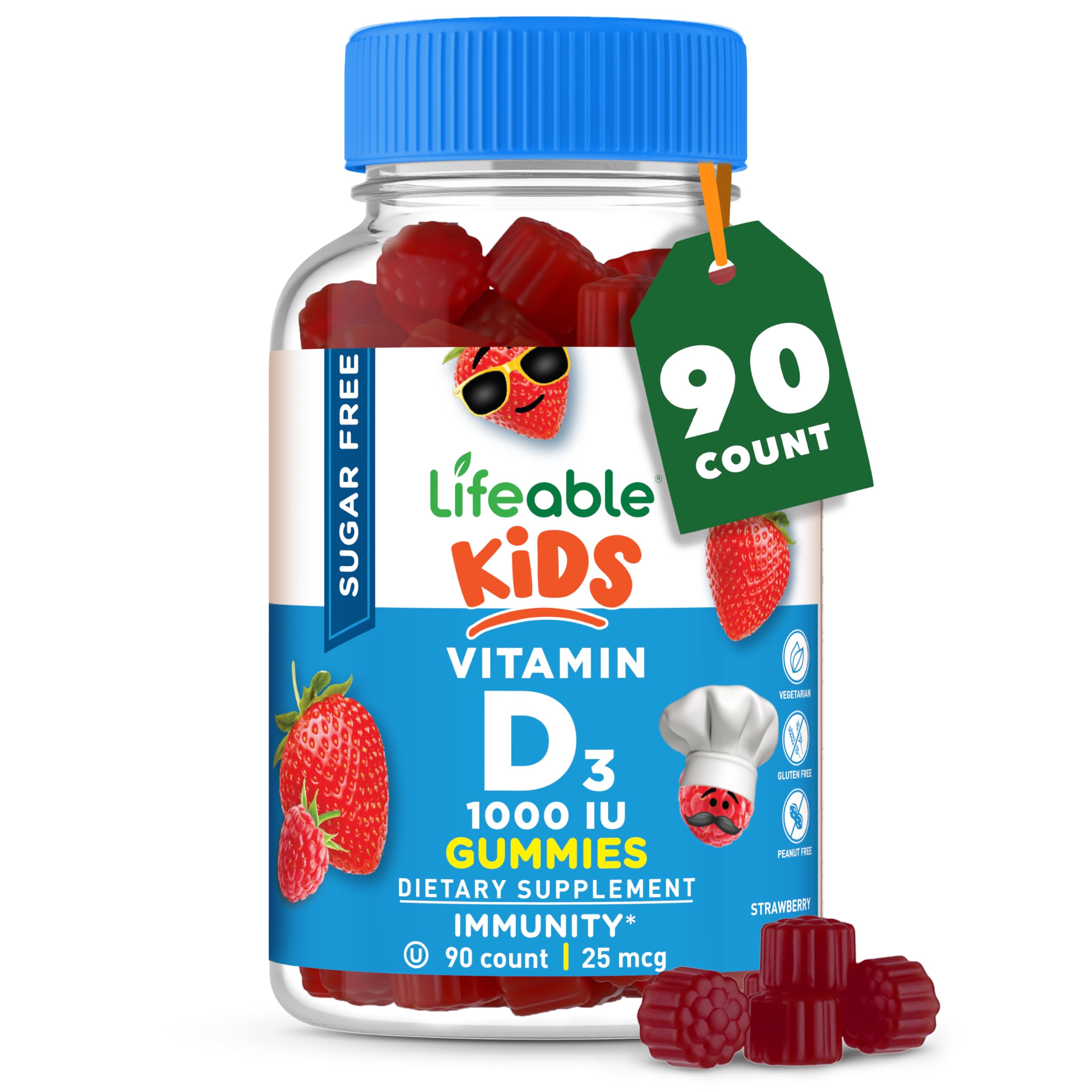 LifeableSugar Free Vitamin D for Kids 1000 IU – Great Tasting Natural Flavor Gummy Supplement – Gluten Free Vegetarian Chewable – for Strong and Healthy Bones, for Children, Teen, Toddler, 90 Gummies