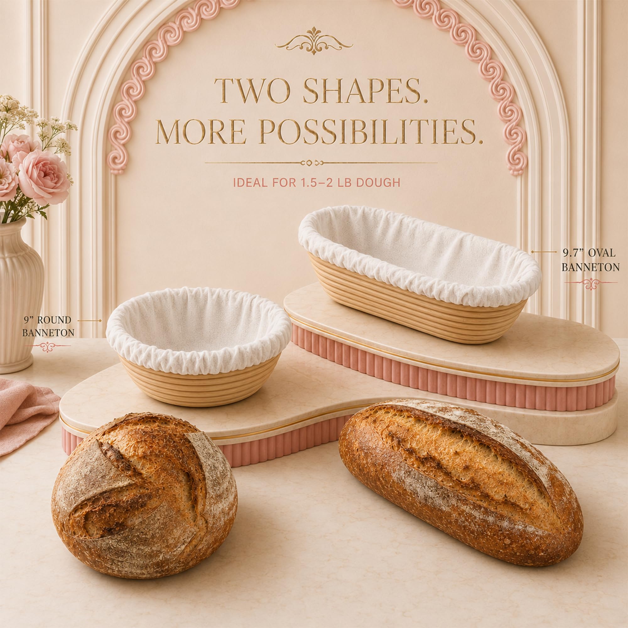 Kit per principianti con cestini rotondi e ovali in rattan | Kit per la preparazione del pane da 38 pezzi con barattolo, fionda per il pane, frusta, raschietto e strumenti da forno, rosa