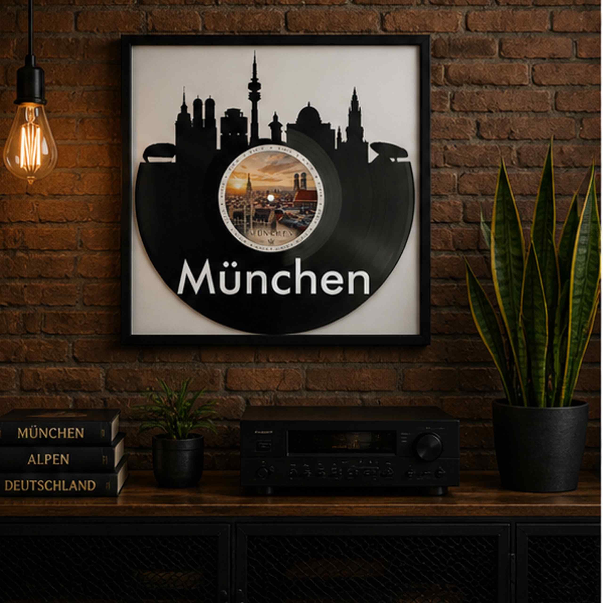 EVEVO Dekoracja ścienna z płyty gramofonowej w ramie 32 x 32 cm Monachium – winylowa sztuka ścienna Bayern prezent dla fanów Monachium i podróżników