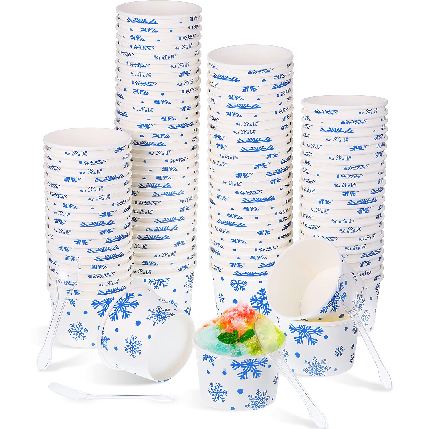 Boao 100 Set 5 oz Ice Cream Cups with Spoons Disposable Paper Sundae Dessert Bowls Summer Party Supplies (Snowflake Style)
