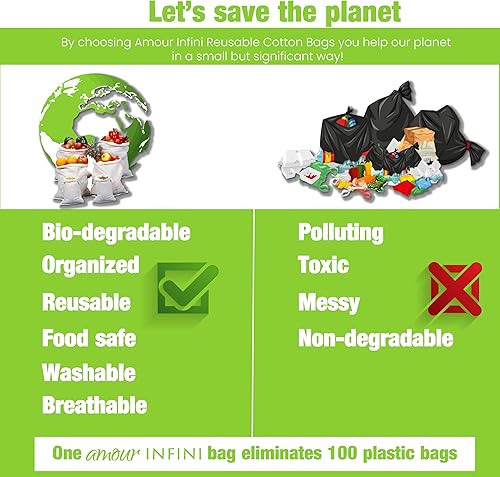 Miniatura 8 de AMOUR INFINI Bolsa de comestibles reutilizable de algodón orgánico  Bolsas de muselina lavables para almacenamiento de frutas y verduras  Juego de 3