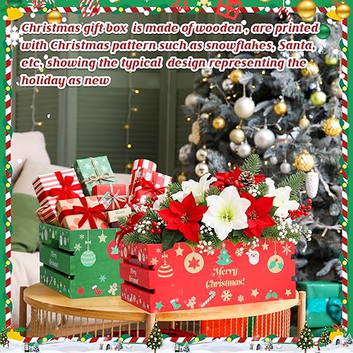 Miniatura 3 de 4 cajas decorativas de madera de Navidad para exhibir madera de Feliz Navidad, cajas de almacenamiento decorativas de madera rústica con asa, casa