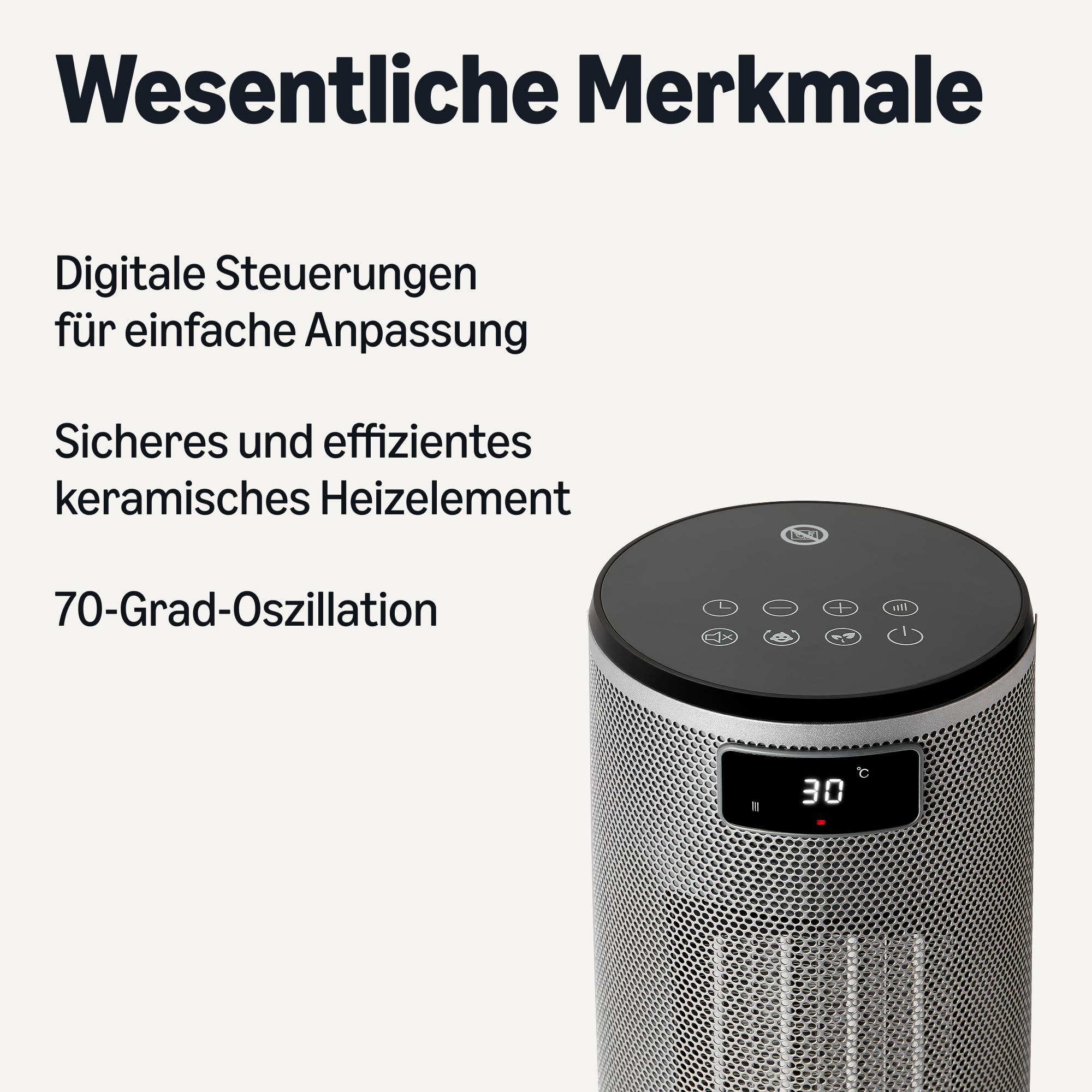 Amazon Basics Elektrische Heizung, tragbarer Keramik-Heizlüfter, 1800W, 70° Oszillation, 40cm, Grau