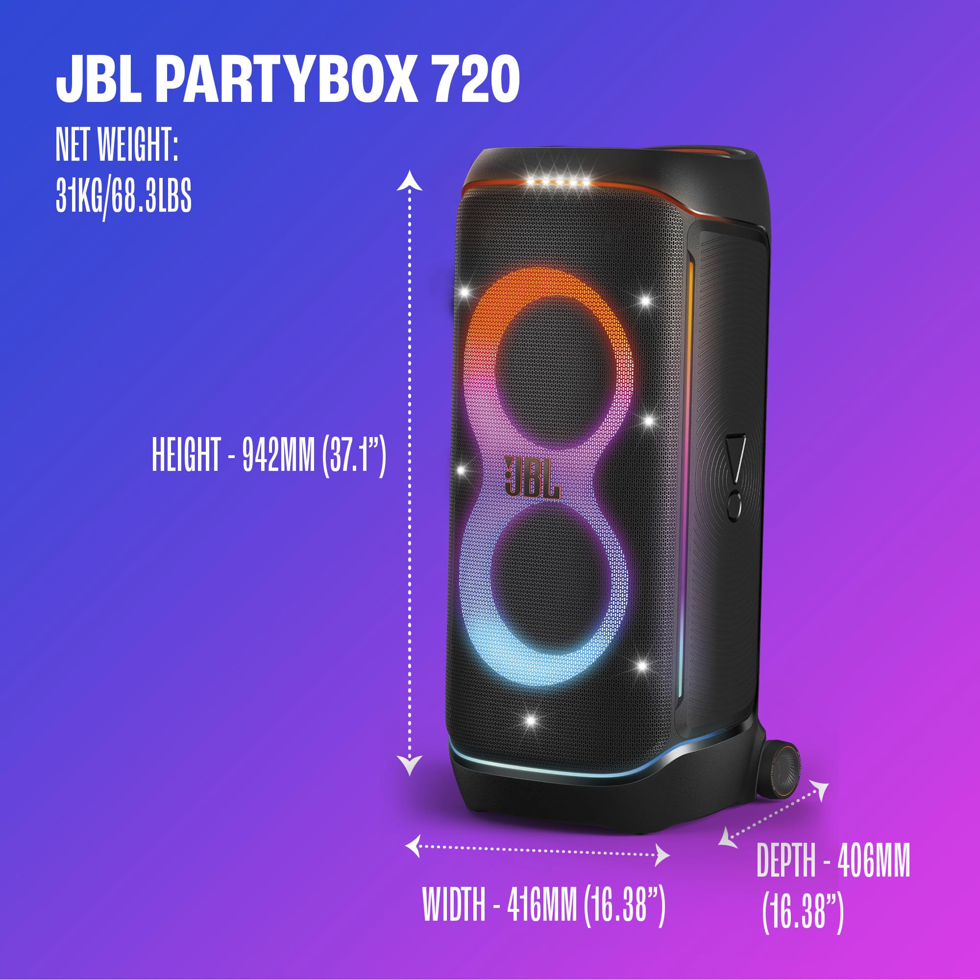 JBL PartyBox 720 - Loudest Battery-Powered Party Speaker with Superior Pro Sound and a Futuristic lightshow, Up to 15 Hours Playtime & IPX4 Splash Proof (Black)