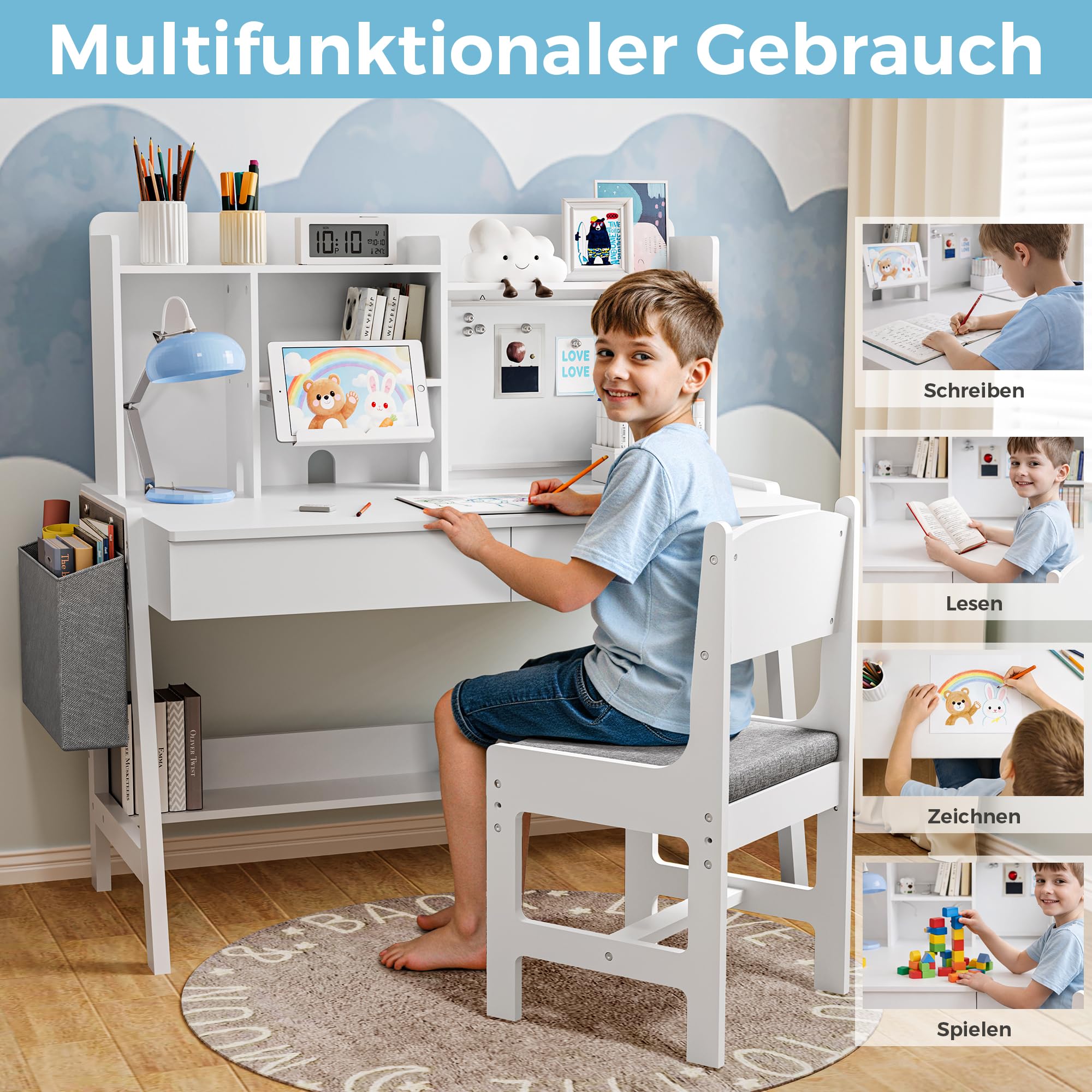 Pamapic Kinderschreibtisch und Stuhl Set, Höhenverstellbarer Kinderschreibtisch, Kinder Schreibtisch mit Regal & Schubladen, Schülerschreibtisch mit Haken, Magnete, Tafel & Stofftasche, Weiß