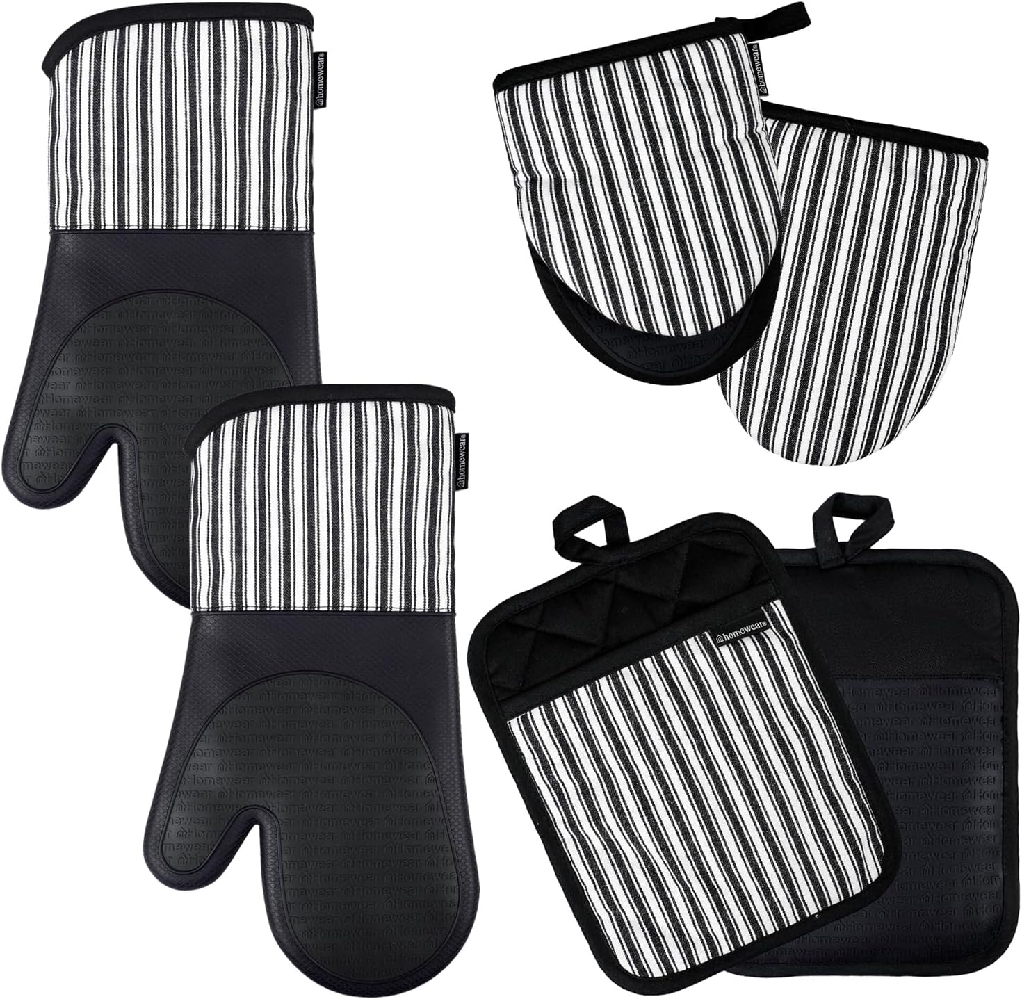 Marlow Silicone Extra Long Oven Mitt and Pot Holder 6 Piece Set with Mini Mitts, Heat and Slip Resistant, Recycled Cotton with Soft Lining, Thick Kitchen Gloves for Cooking and Baking, Black