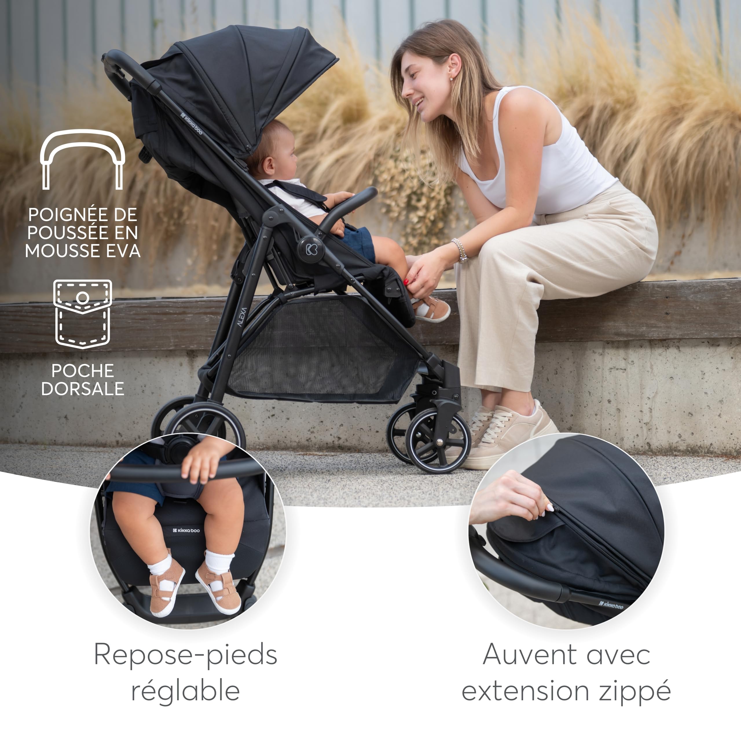 Poussette KikkaBoo ALEXA, poussette bébé jusqu'à 22 kg, légère, compacte, pliable d'une seule main, dossier inclinable, repose-pieds réglable, harnais à 5 points, Noir