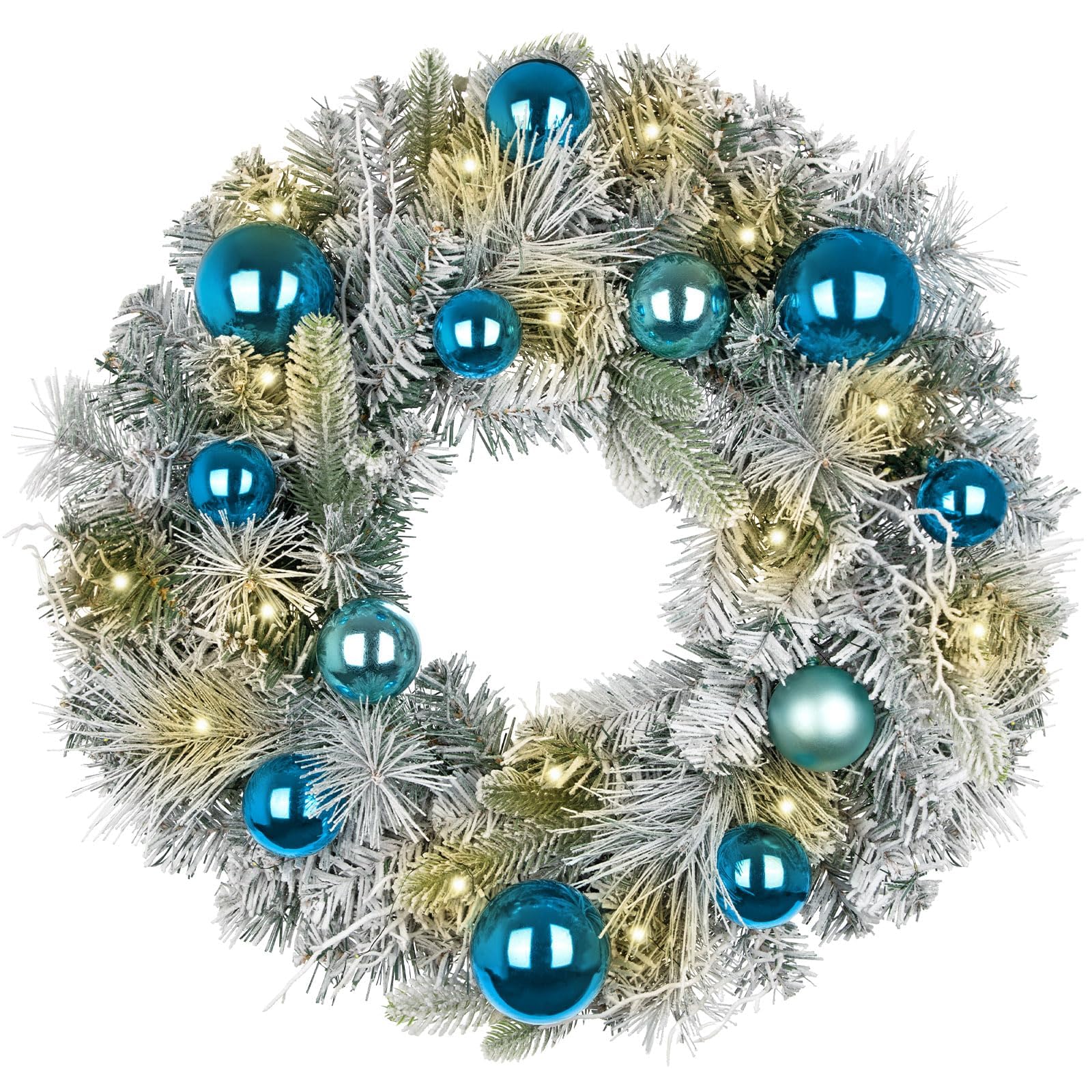 24 inch Pre-lit Christmas Wreath White and Blue,Winter Pine Wreaths with Blue Ball LED Lights for Front Door for Fireplace Xmas Hanukkah Decorations, Wall Window Indoor Outdoor Decor