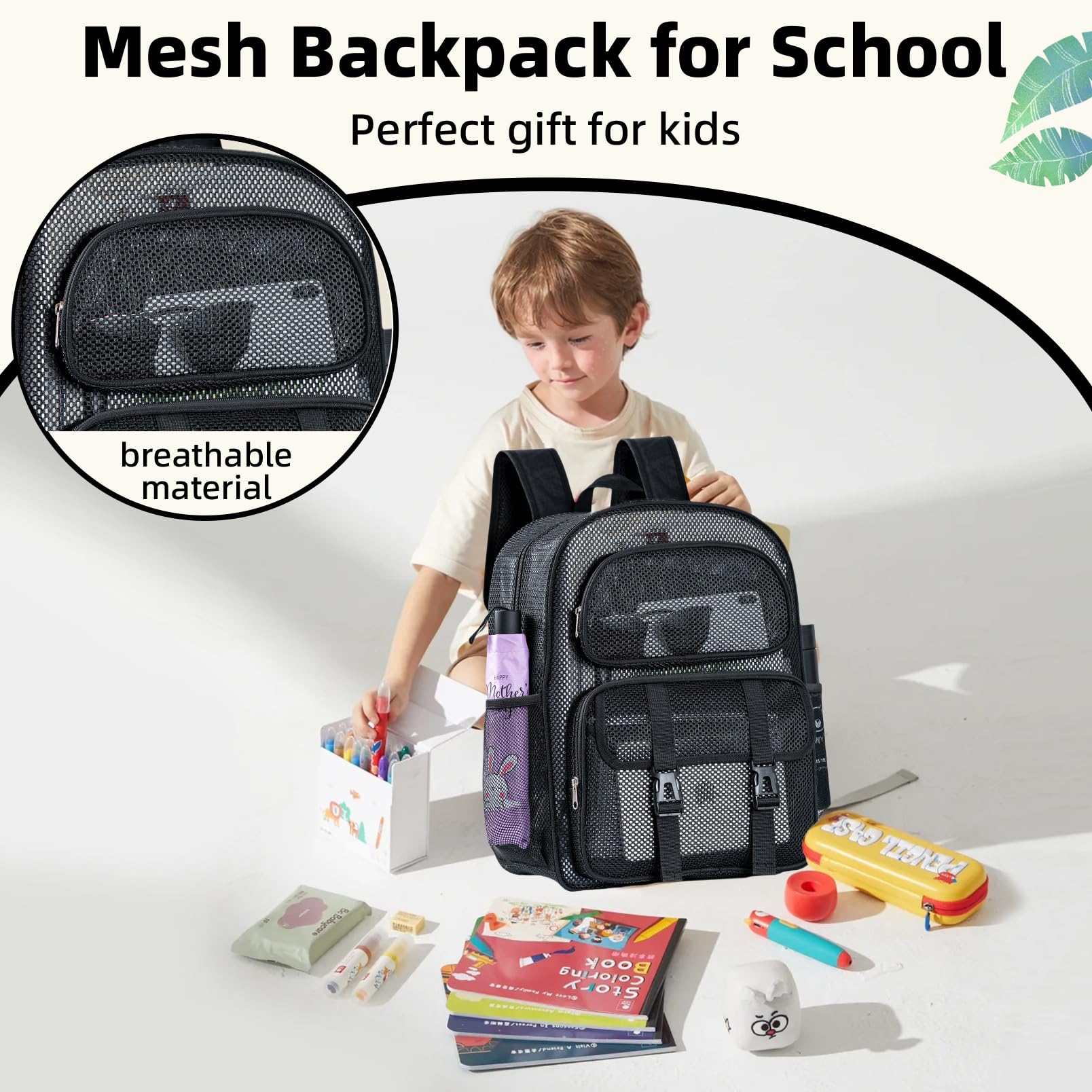 SWANSWIFT Large Mesh Backpack for School Heavy Duty, See Through Backpack for Girls Boys Student Diving Travel(Black)