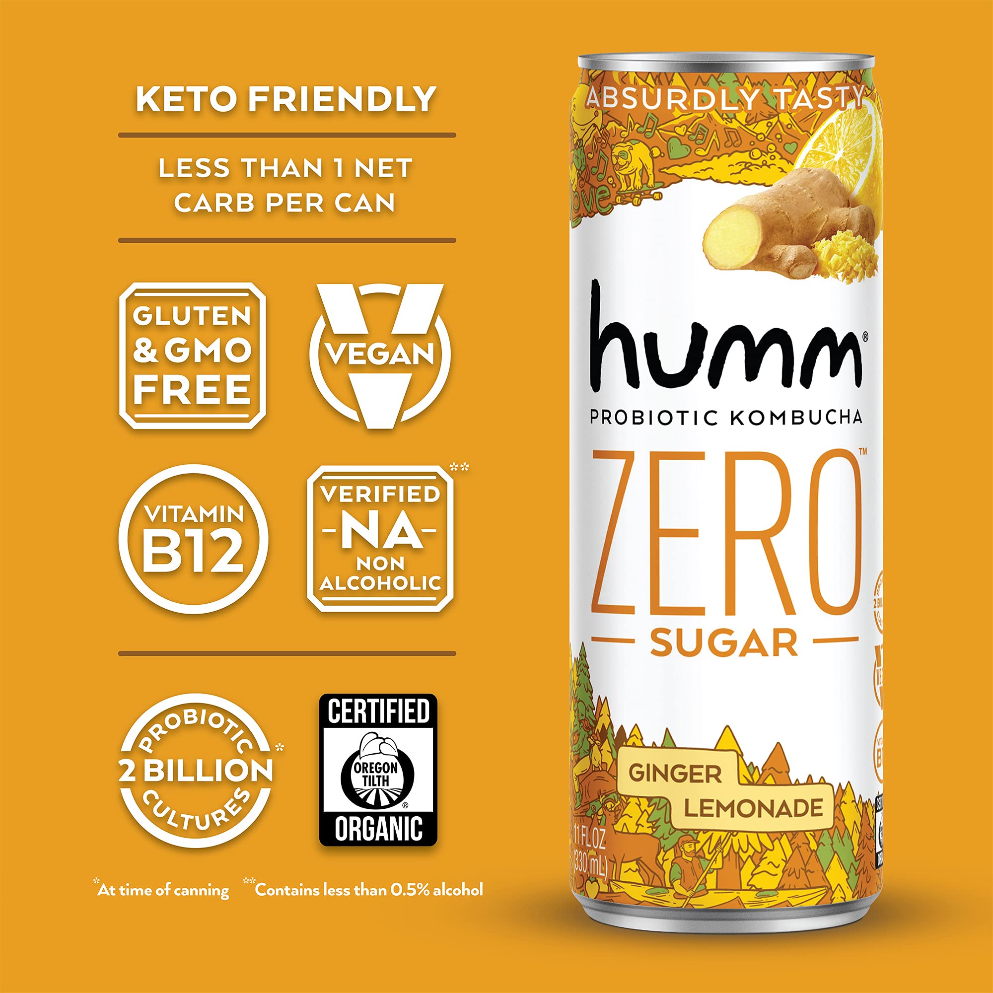 Humm Probiotic Kombucha Zero Sugar Ginger Lemonade No Refrigeration