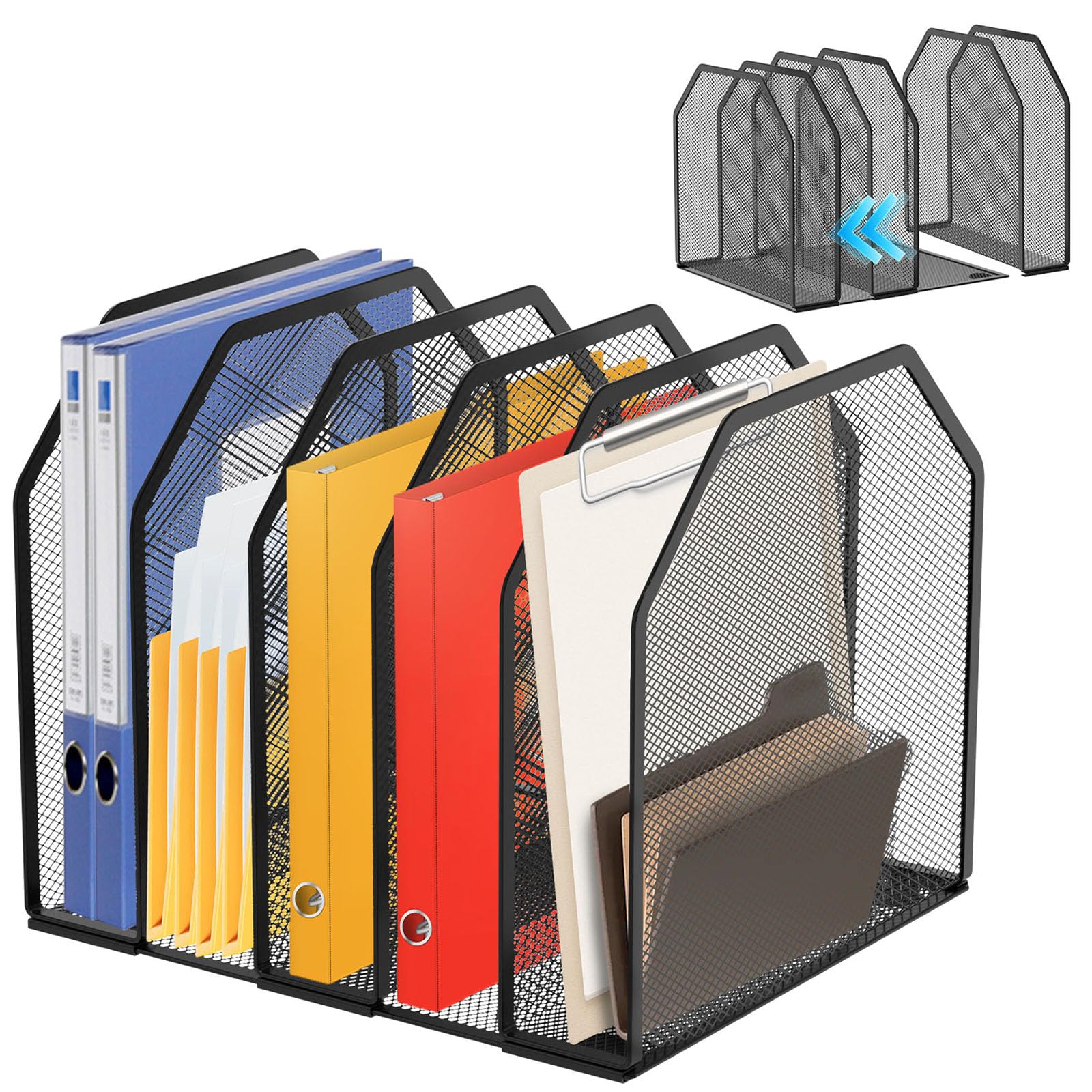 Organizador vertical de escritorio de 5/7 secciones de metal para escritorio, organizador de archivos de red ajustable, clasificador para casa (negro, 5 varillas)