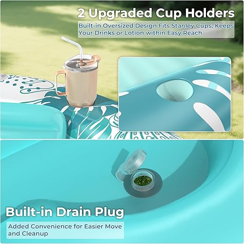 Miniatura 5 de Inflatable Tanning Pool Lounger Float with Protection Tarp, 75" x 75" Pool Floats Adult with Pillow, 6 in 1 Suntan Tub Raft Floatie, Sunbathing