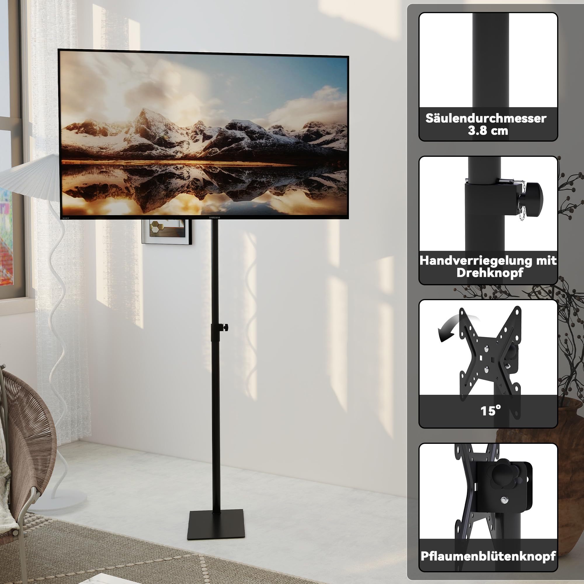 Drehbar TV Ständer für 14-43 Zoll Fernseher | Bis 20 kg, Höhenverstellbar 130-189 cm, Bodenständer, Für Wohnzimmer und Büro,Vasa 200 mm × 200 mm