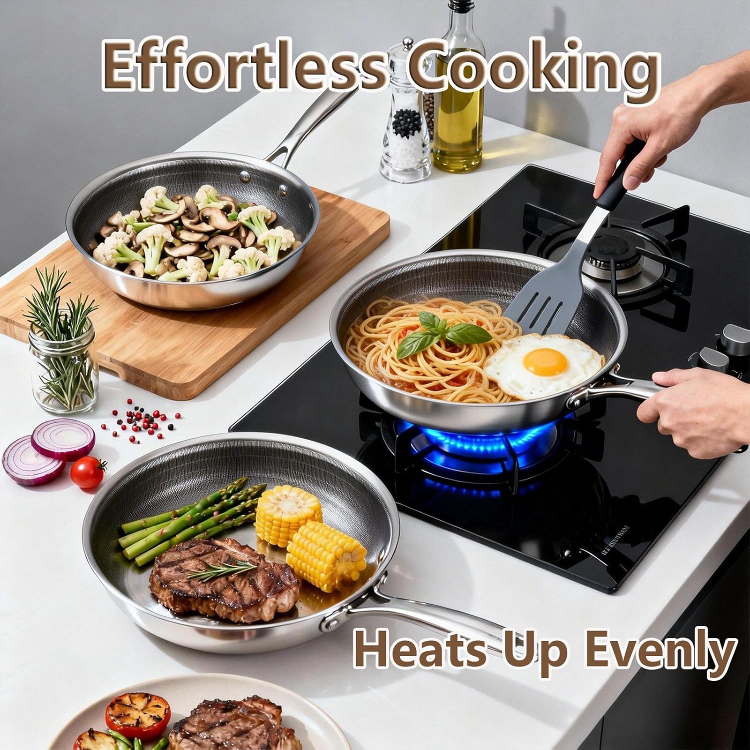 Yoehka 14-Piece Hybrid Stainless Steel Cookware Set, Non-Stick Pots and Pans Set with 3 Silicone Trivets | Induction Compatible Frying Pans, Saucepans, Saute Pan & Stock Pot | Oven Dishwasher Safe - Image 7