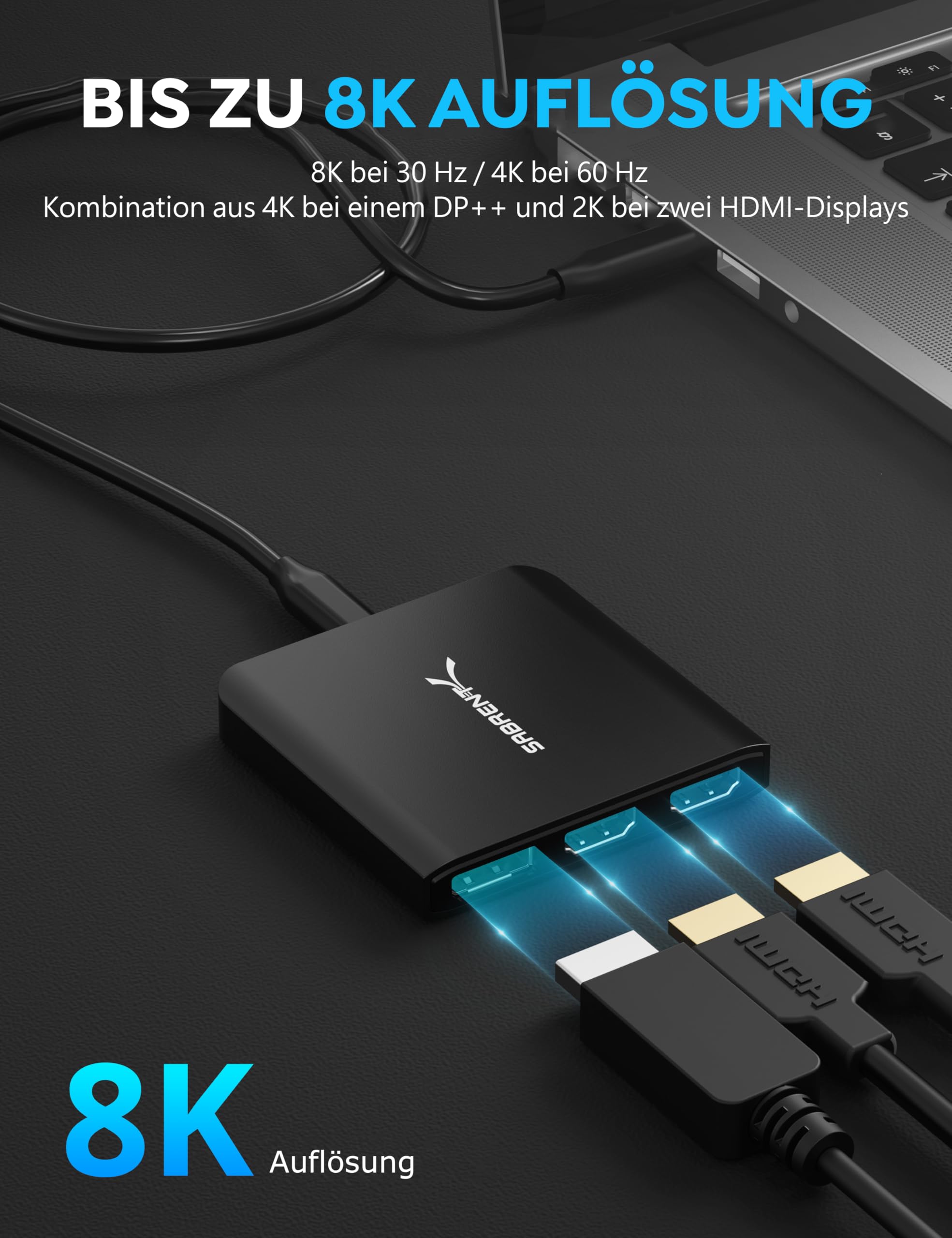 SABRENT USB C auf Dual HDMI Adapter + Displayport Adapter 8K@30Hz 4K@60Hz Externe USB Grafikkarte für Laptop (DA-H2D1)