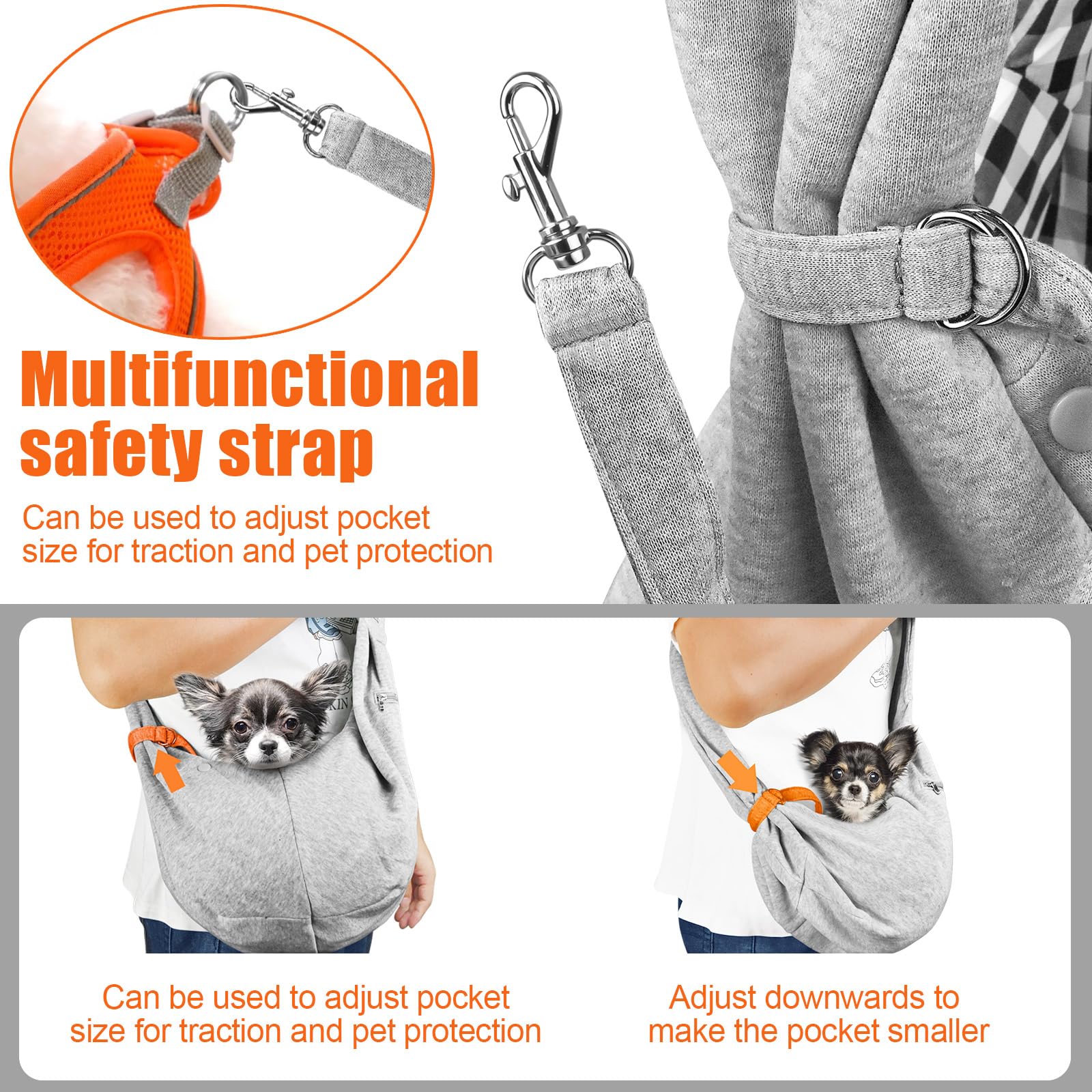 Tomkas Dog Carrier Sling - Pet Carrier for Small Dogs and Cats, Adjustable Strap, Zip Pocket, Snap Closure (Grey, S - Adjustable Strap EU)