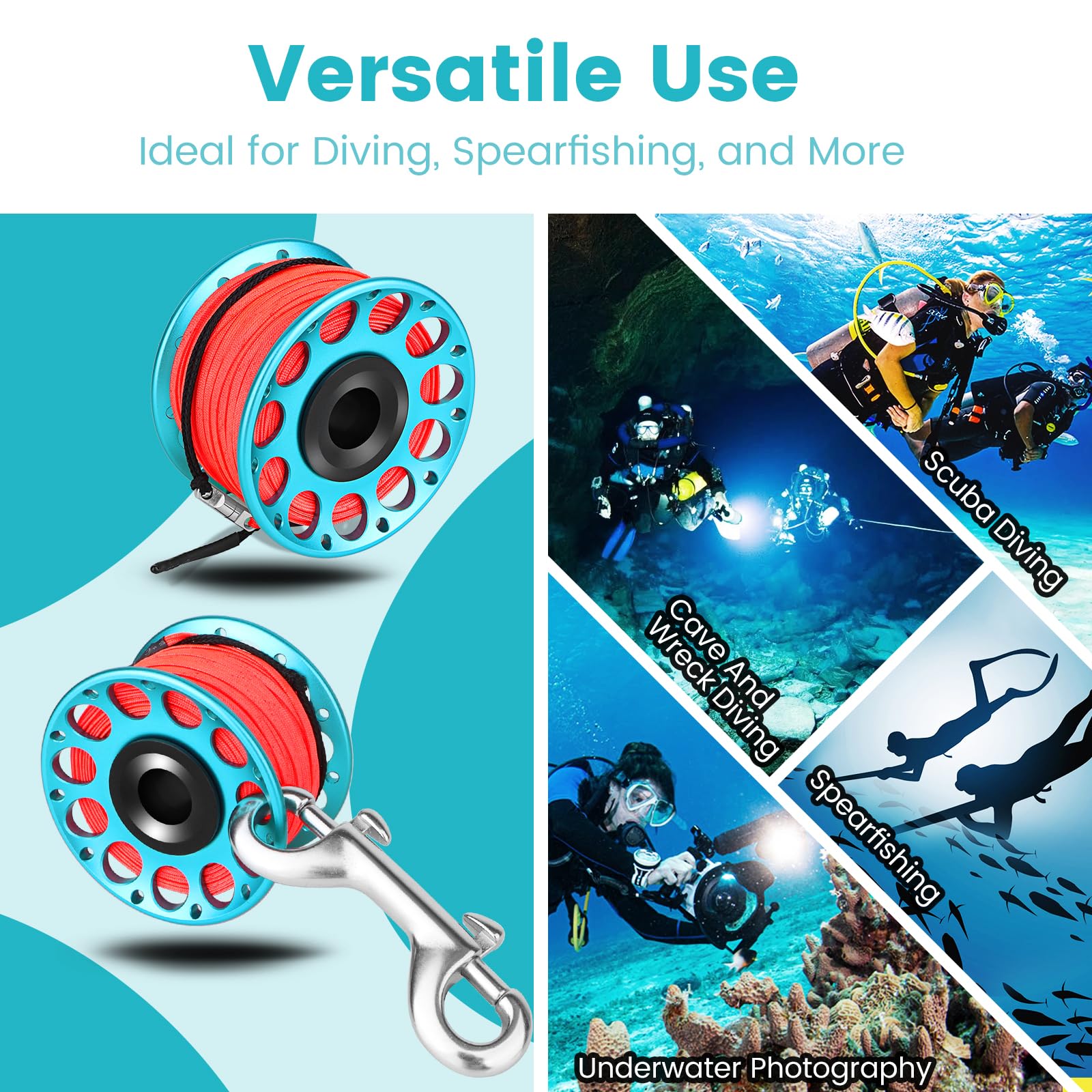 Scuba Diving Reel, Large Spinning Spool Finger Reel with Double-Ended Bolt Snap Clip with 30m/100ft High Visibility Line Aluminum Dive Reel for Wreck Cave Diving Spearfishing Fishing (Blue Reel)