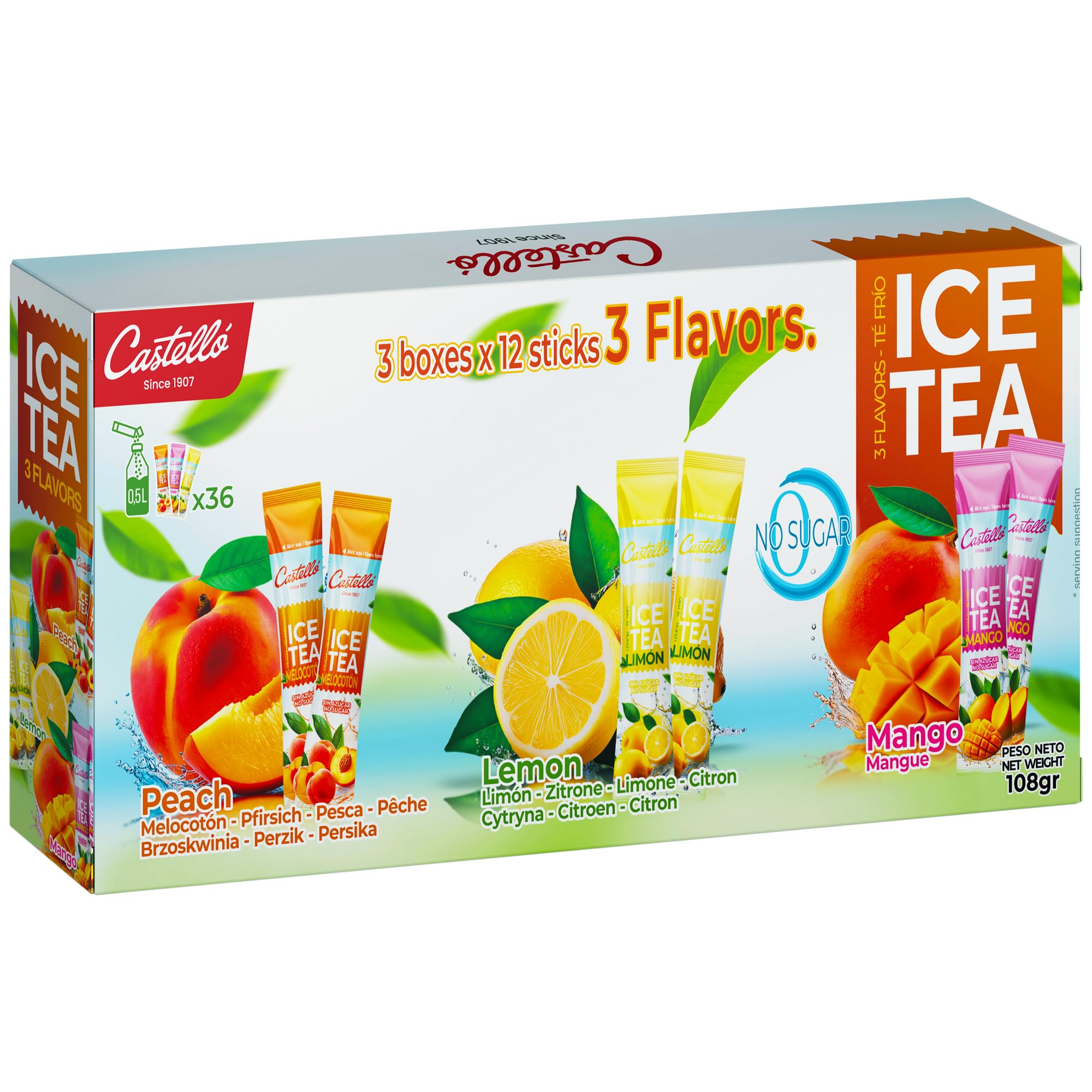 Castello since 1907 Eistee (Ice Tea - Iced Tea) Zero in Sticks | Multipack 3 Sorten: Pfirsich, Zitrone & Mango | Gesamt 36 Sticks | Zero Kalorien, Zuckerfrei, Ohne Aspartam