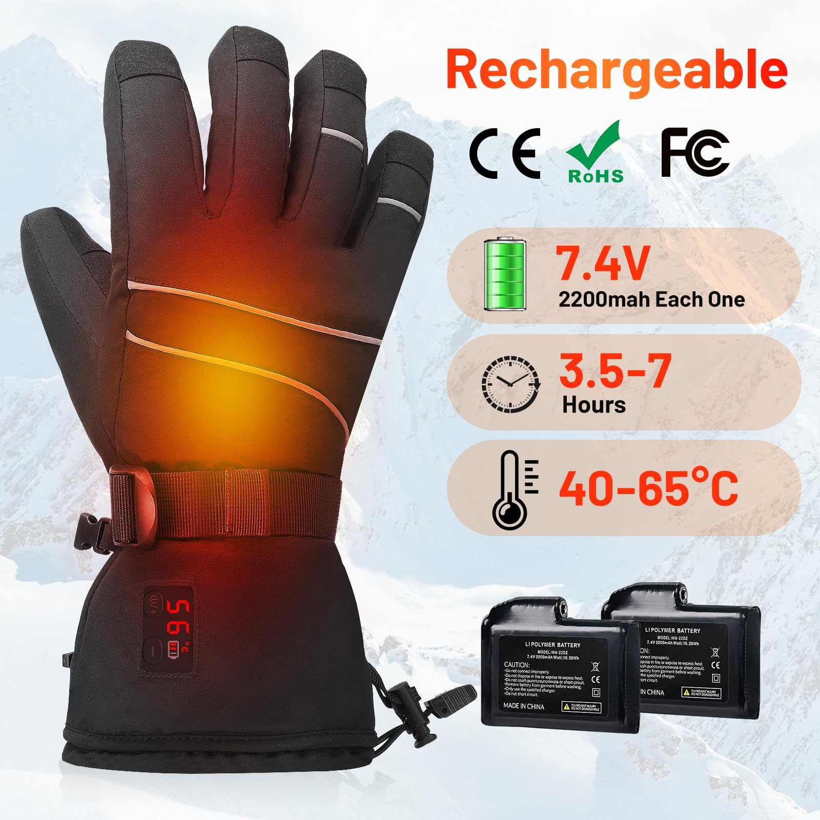 Rechargeable Heated Gloves for Men & Women, Waterproof with Temperature Display, Touchscreen Electric Heating (Thickened, X-Large)
