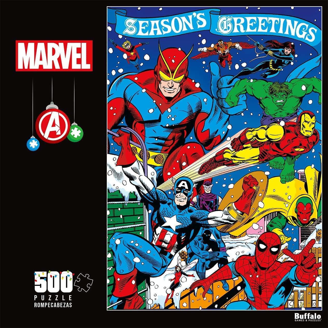 Buffalo Games – Marvel - Season's Greeting from The Avengers - 500 Piece Christmas Jigsaw Puzzle - Festive Holiday Puzzles for Adults – Precision-Cut Pieces, Winter Artwork