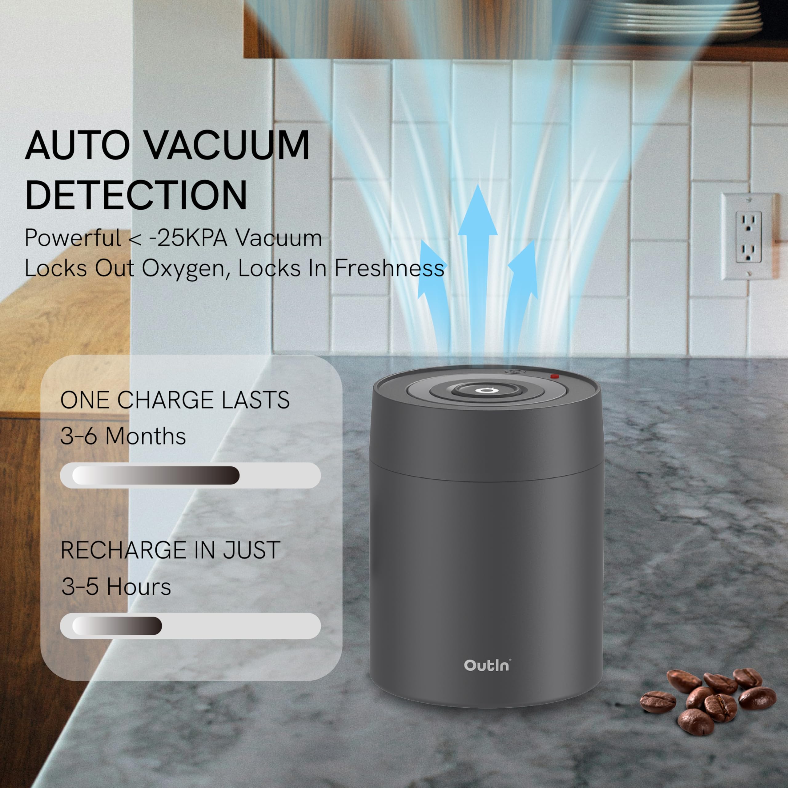 OutIn Casetta elettrica per caffe, contenitore per caffè in acciaio inox, conservazione automatica sottovuoto dei chicchi di caffè, funzionamento con un solo pulsante(500ml nero)