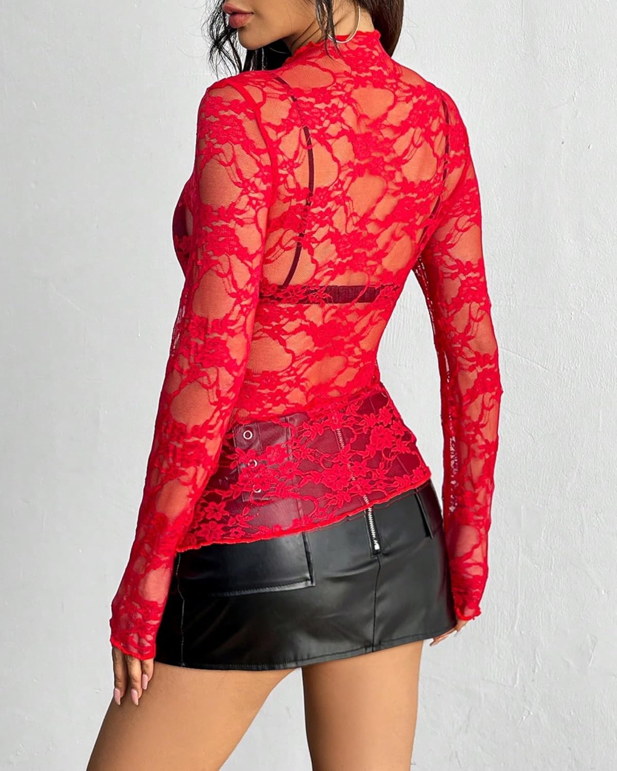 OFEEFAN Womens Long Sleeve Mesh Top See Through Mock Neck Sheer Blouses - Image 4