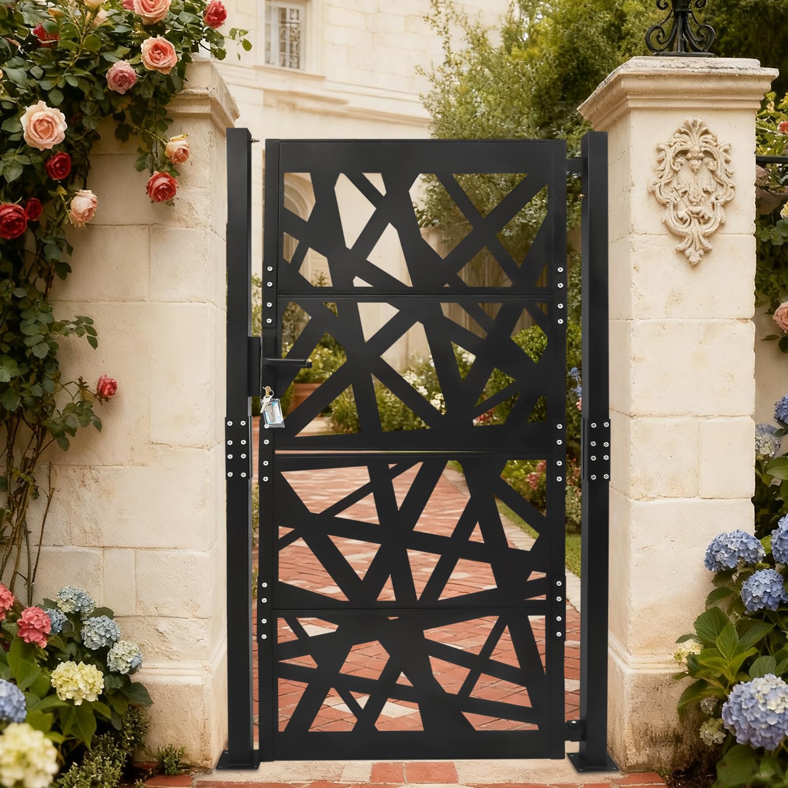 Puerta de jardín de acero negro con recubrimiento en polvo, resistente a la intemperie y a la corrosión, puerta de seguridad con cierre para jardín, entrada y patio