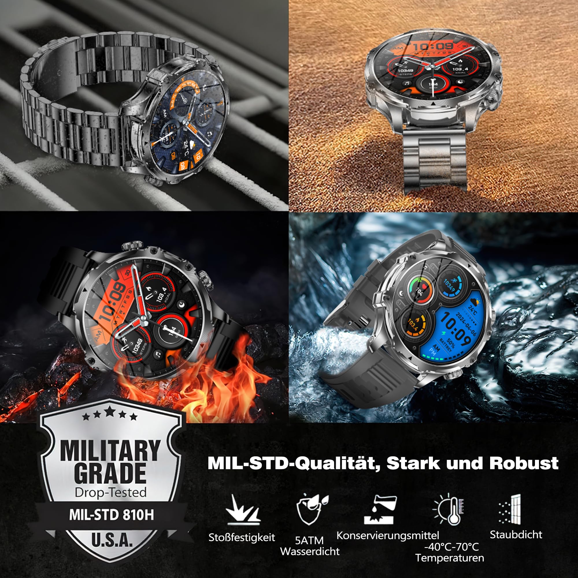 Montre Connectée Homme avec 1.9'' Grand Écran Acier Inoxydable Smartwatch Homme LED Lampe de Poche, Appel Bluetooth Fréquence Cardiaque Sommeil Surveillance Sportifs Podomètre Étanche IP68