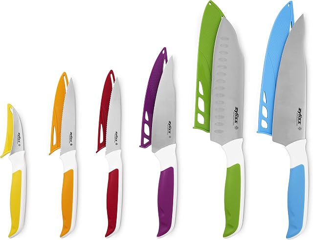 Zyliss E920242 Comfort 6 Piece Knife Set | Multiple Sizes | Japanese Stainless Steel | Multicolour | 6 x Kitchen Knives With Protection Covers | Dishwasher Safe | 5 Year Guarantee
