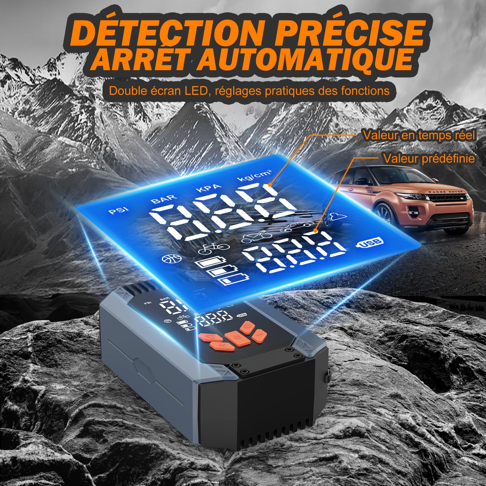 Compresseur Air Portable 150 PSI 4 Modes - Gonfleur Pneus Voiture Moto Vélo Avec Écran LCD USB-C
