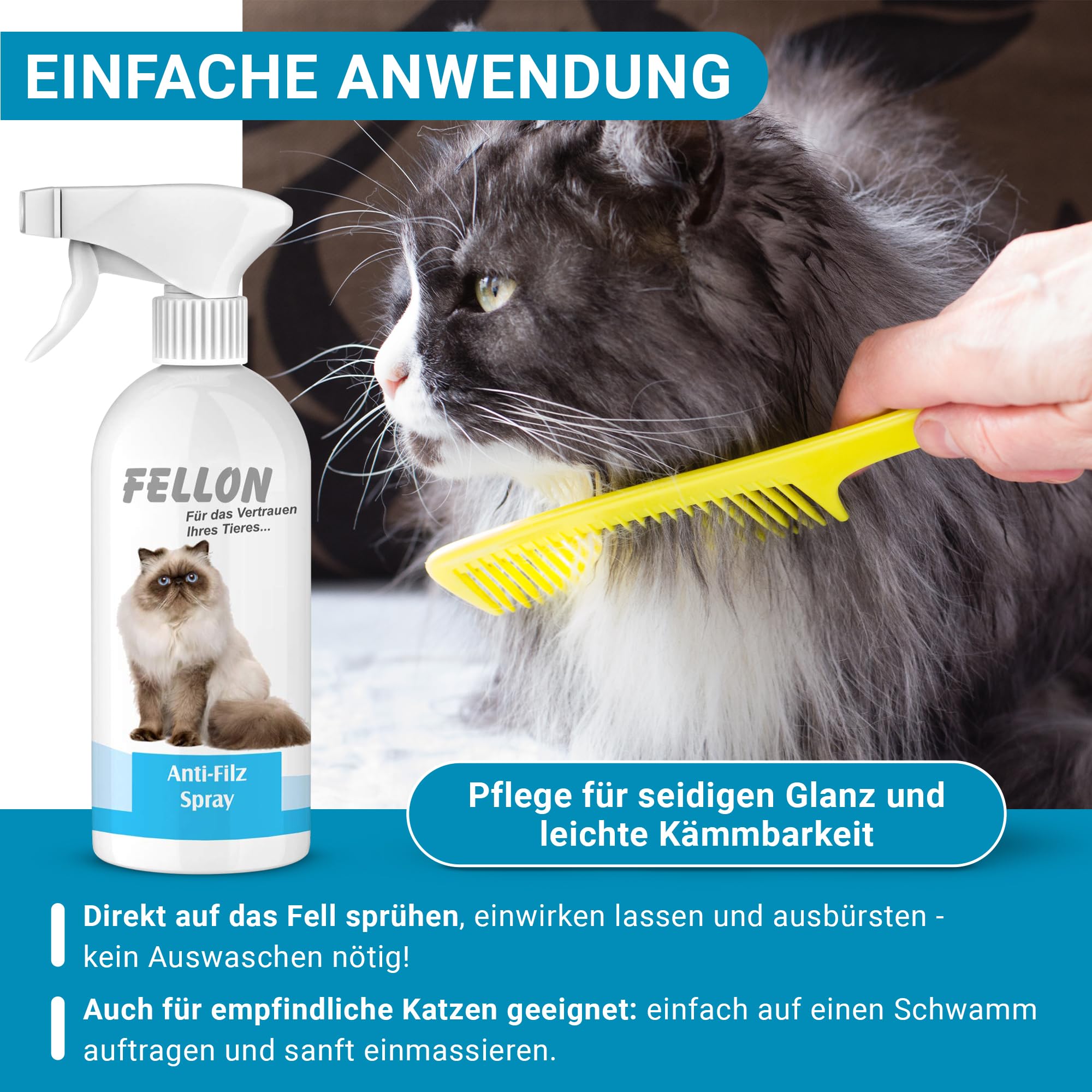 Fellon Spray anti-feutre pour chats - Spray démêlant 500 ml - pH neutre - Soin du pelage pour une brillance soyeuse et facile à démêler - Pour toutes les races de chats et les personnes allergiques
