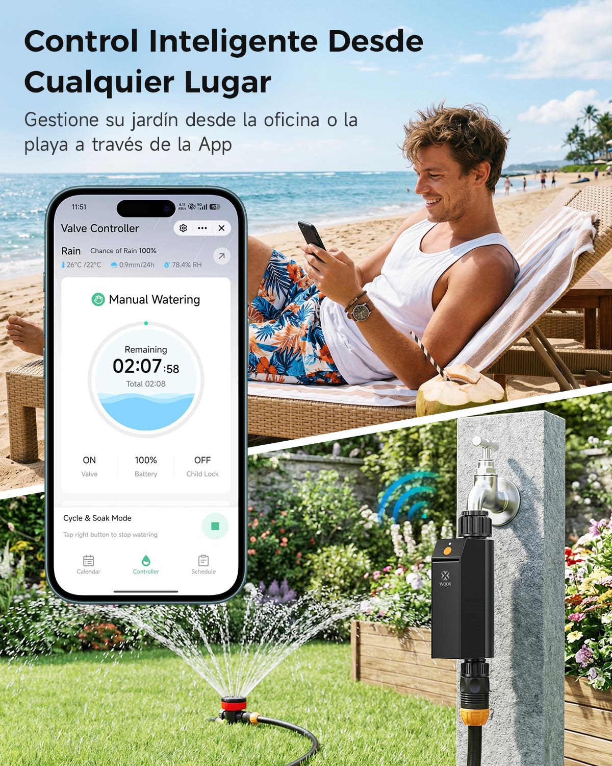 WOOX Programador de Riego WiFi Inteligente, Sin Hub Requerido 2,4GHz Controlador de Riego, App/Control por Voz, IP65 Impermeable Temporizador de Riego Automático con Retraso por Lluvia & Riego Manual