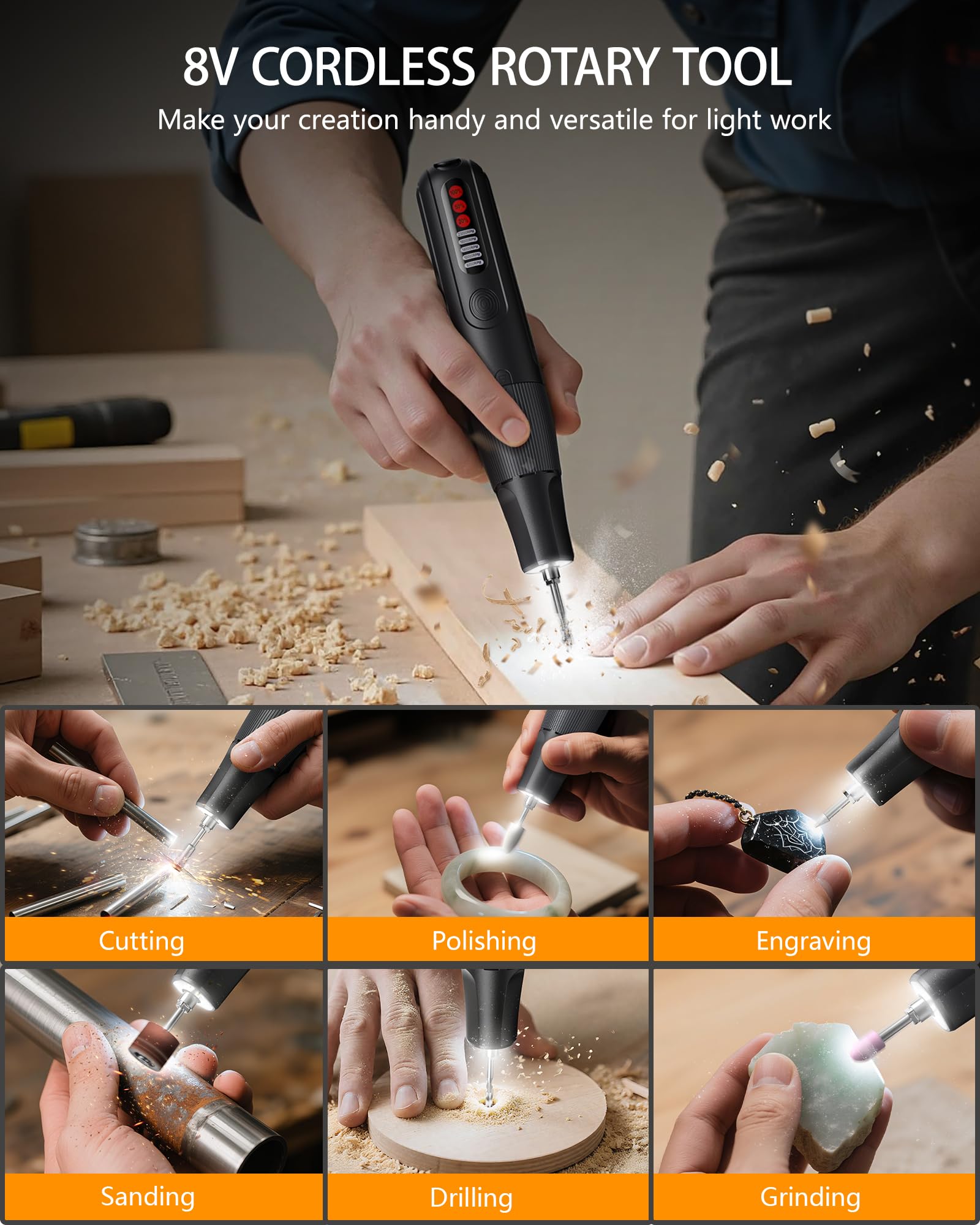 Herramienta giratoria inalámbrica multiherramienta de 8 V con portabrocas de bloqueo automático y 5 velocidades, 23.000 rpm, juego de grabado recargable con 62 accesorios para lijar, pulir, taladrar