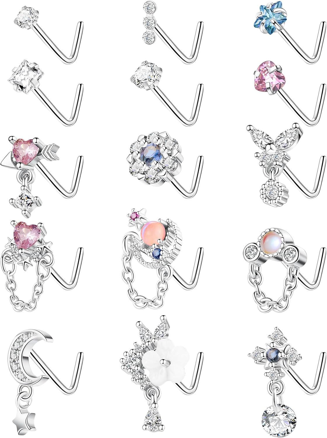 15PCS 20G 316L Stainless Steel Dangle Nose Studs for Women L Shape Nose Stud Moon Chain Heart Flower Nose Rings CZ Dangling Nose Piercing Jewelry